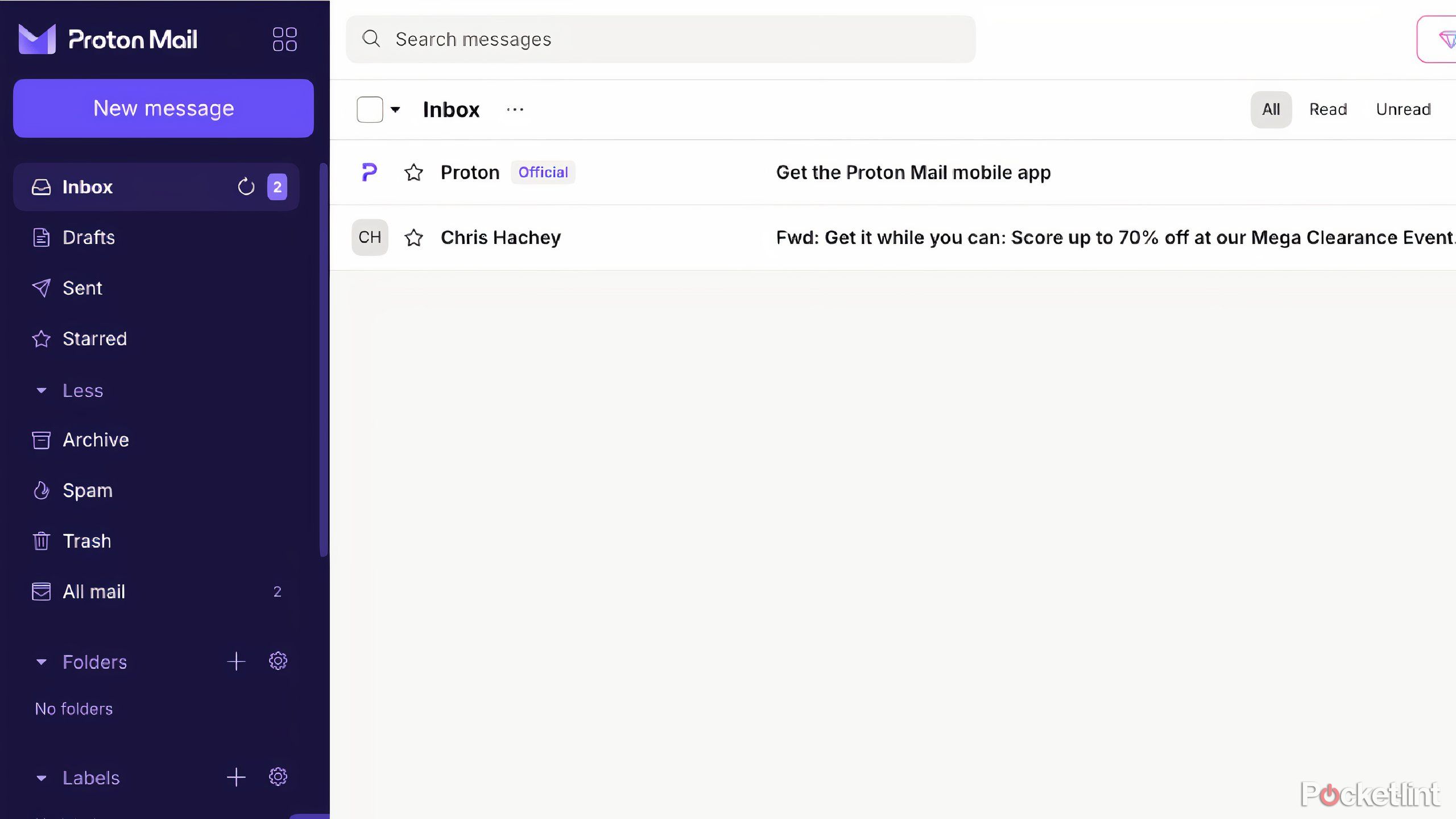 The Proton mail interface with emails in the inbox. 