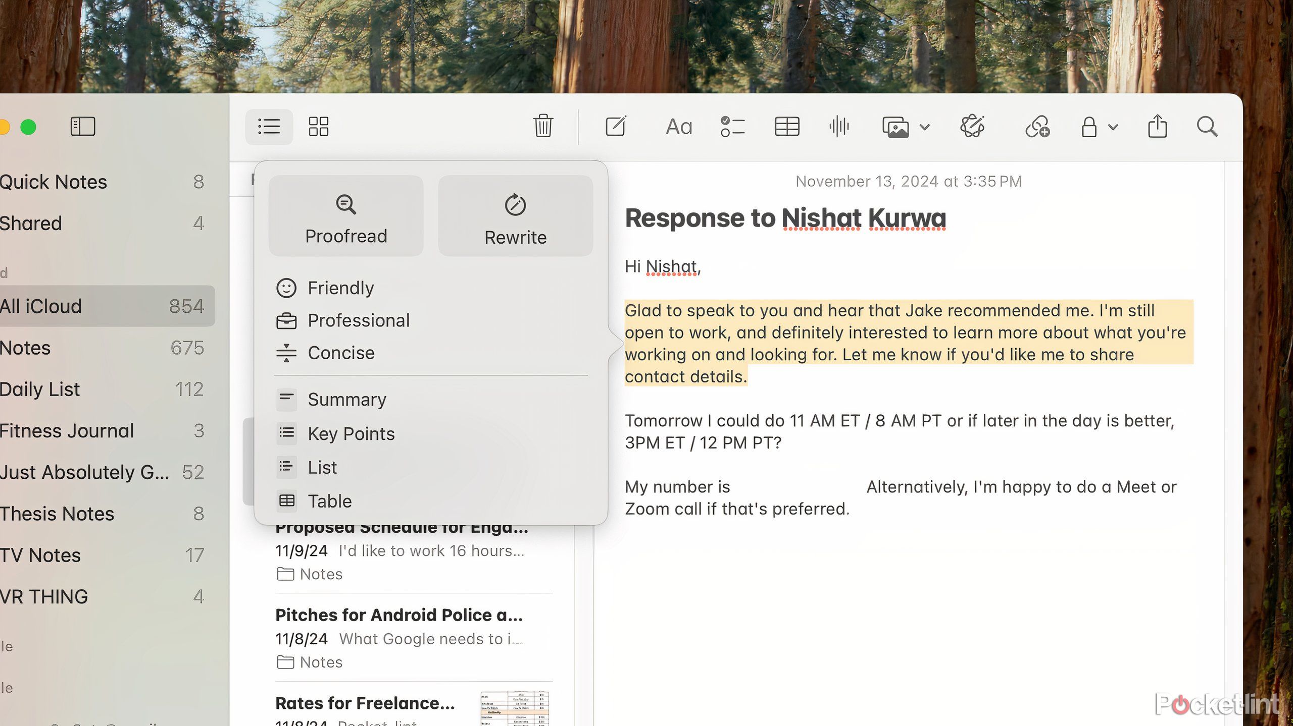 A note from Apple Notes with the Writing Tools menu open.