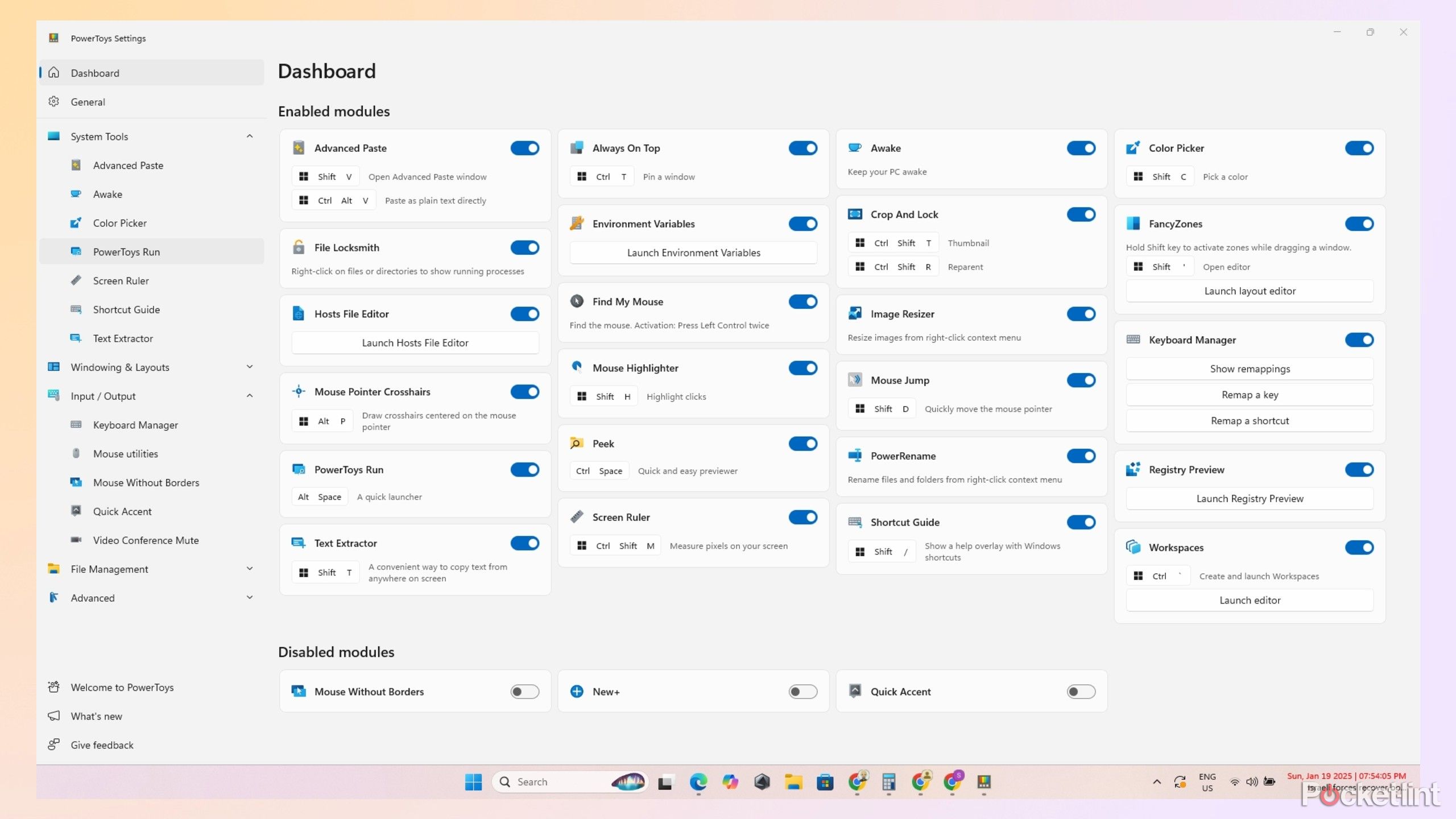 Dashboard of PowerToys on a Windows laptop. 