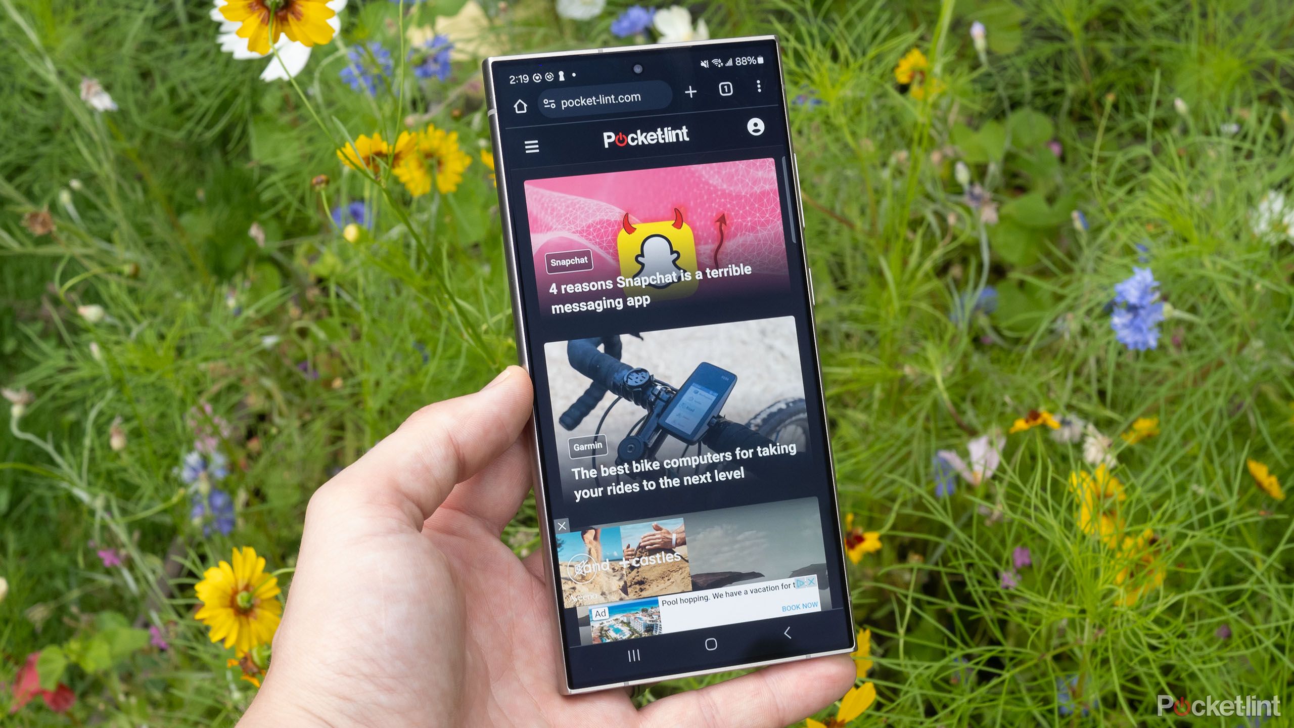 Samsung's Galaxy S24 Ultra in hand against a field of flowers. 