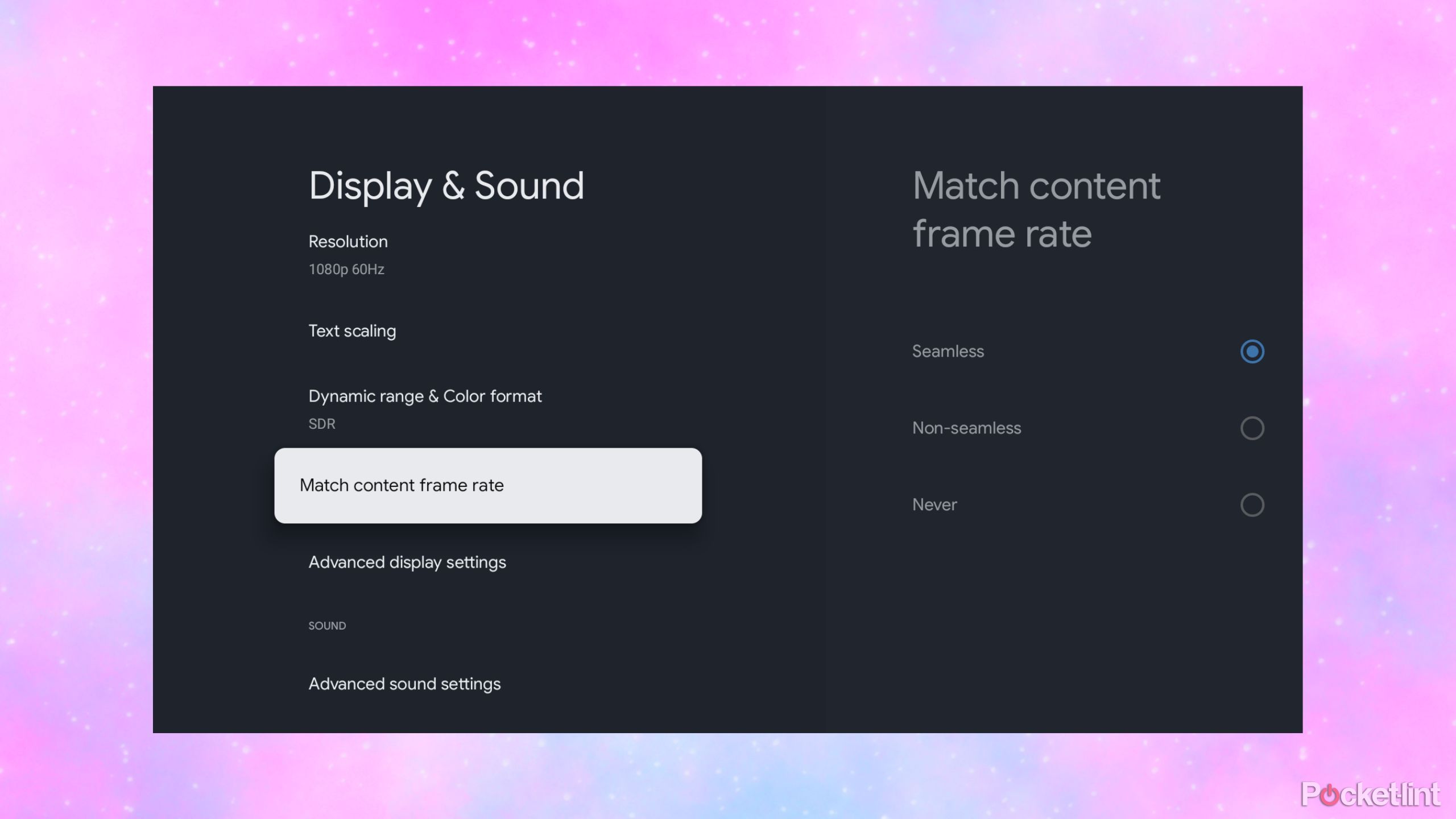 Google TV match content frame rate screenshot