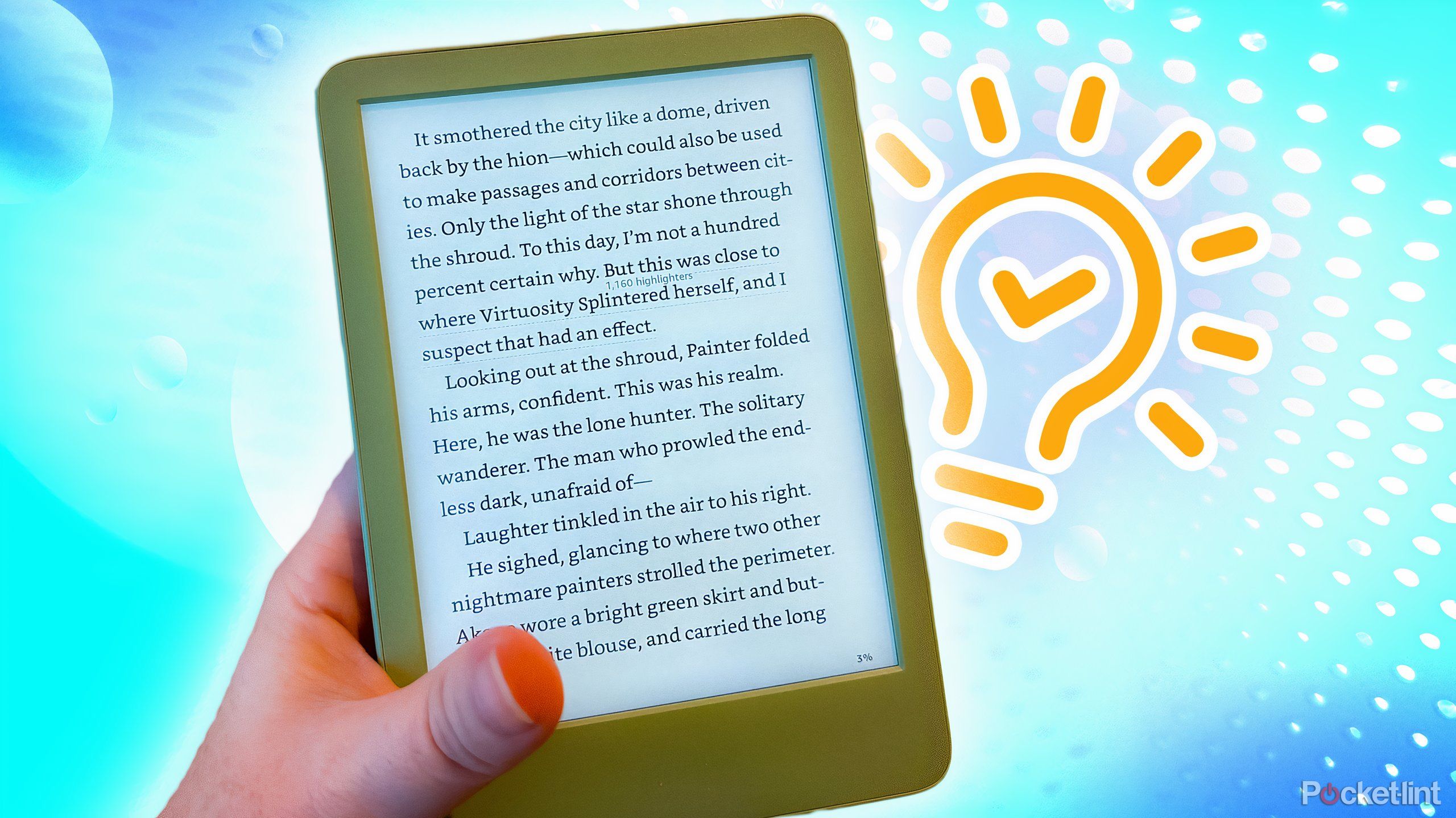 A Kindle in front of an illustration of a lightbulb.