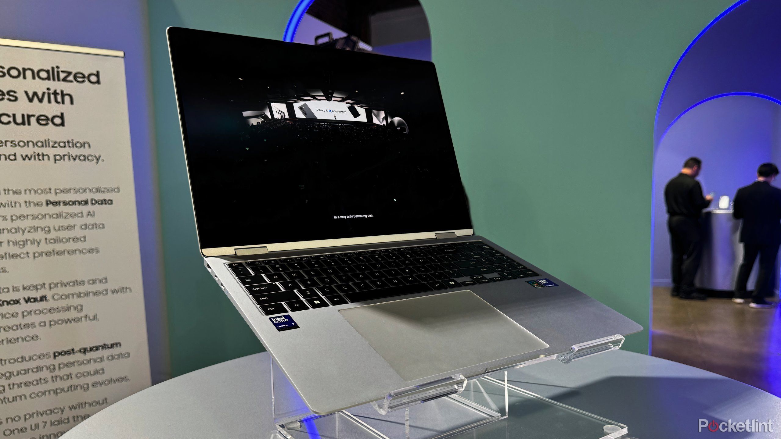 A Samsung Galaxy Book5 on a plastic stand. 