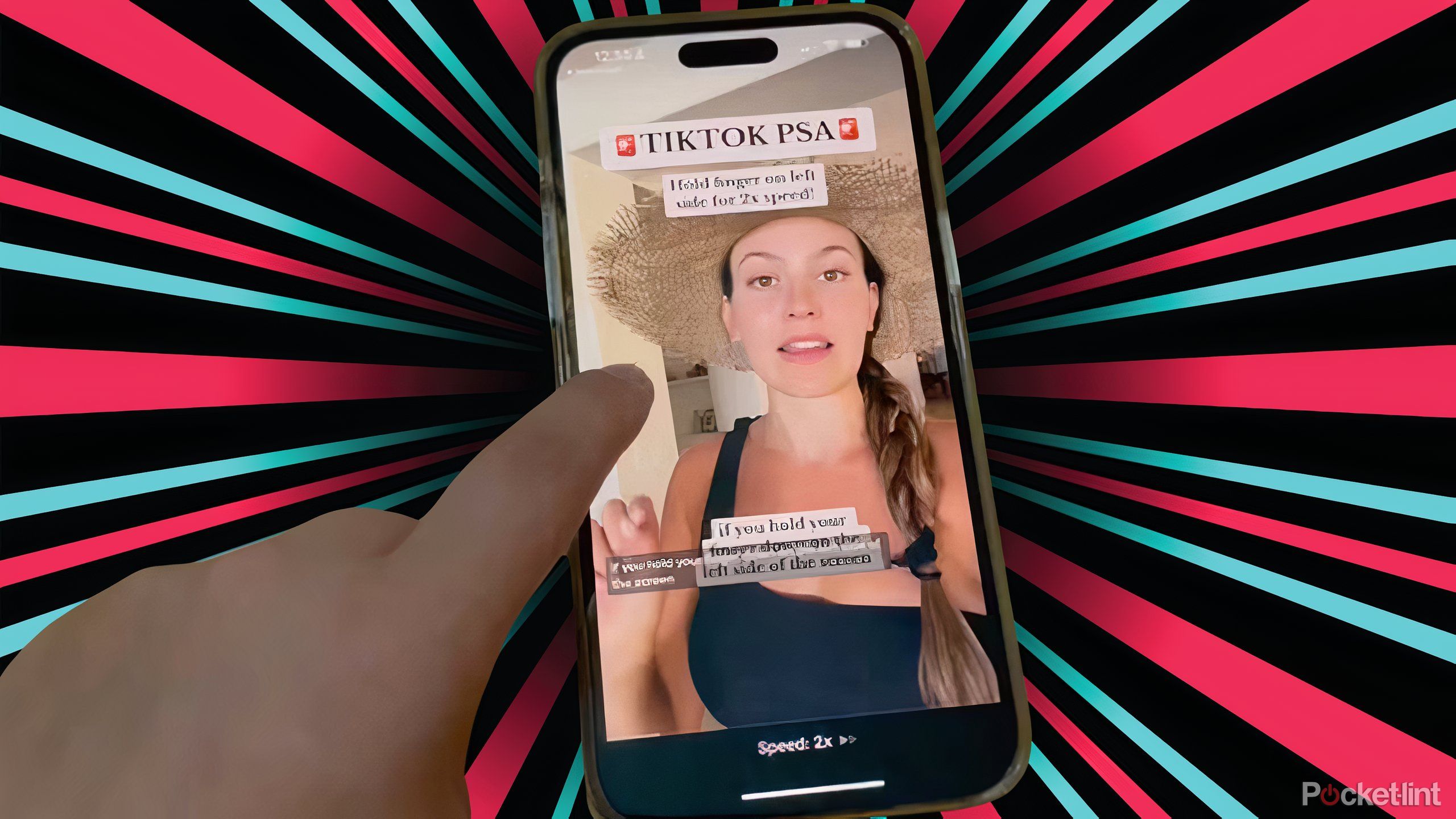 A hand scrolling TikTok on a phone over a red, gray, and black background.