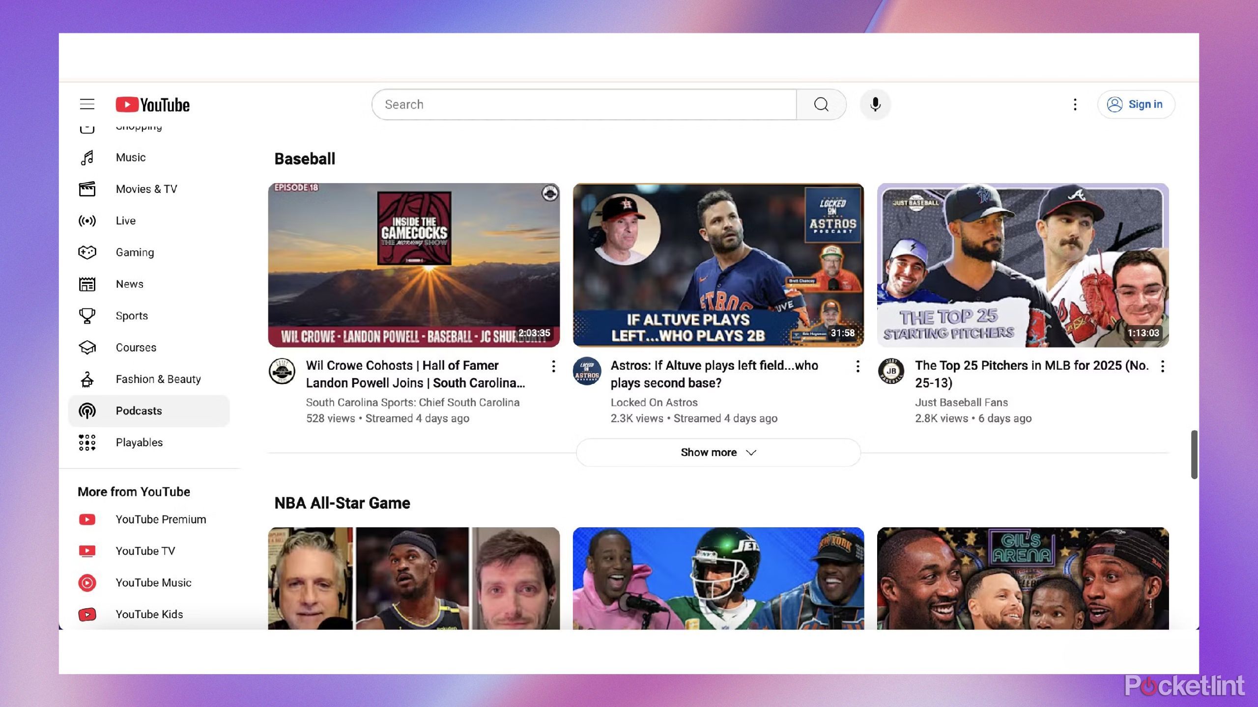 YouTube podcasts page. 