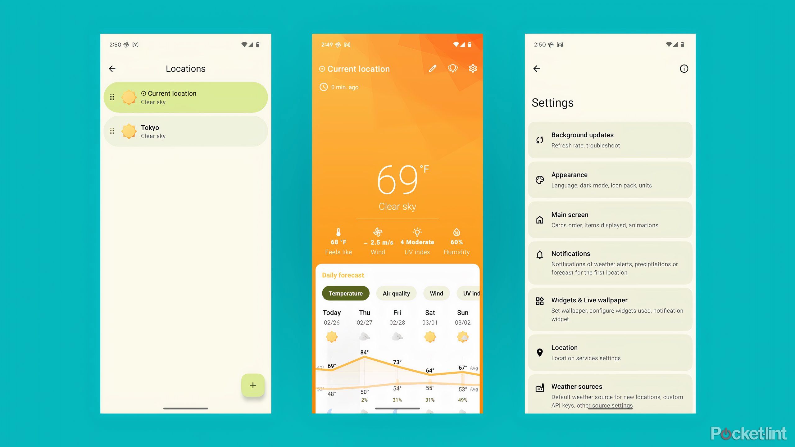 Three screenshots from the Breezy Weather app showing locations, forecasts, and settings.