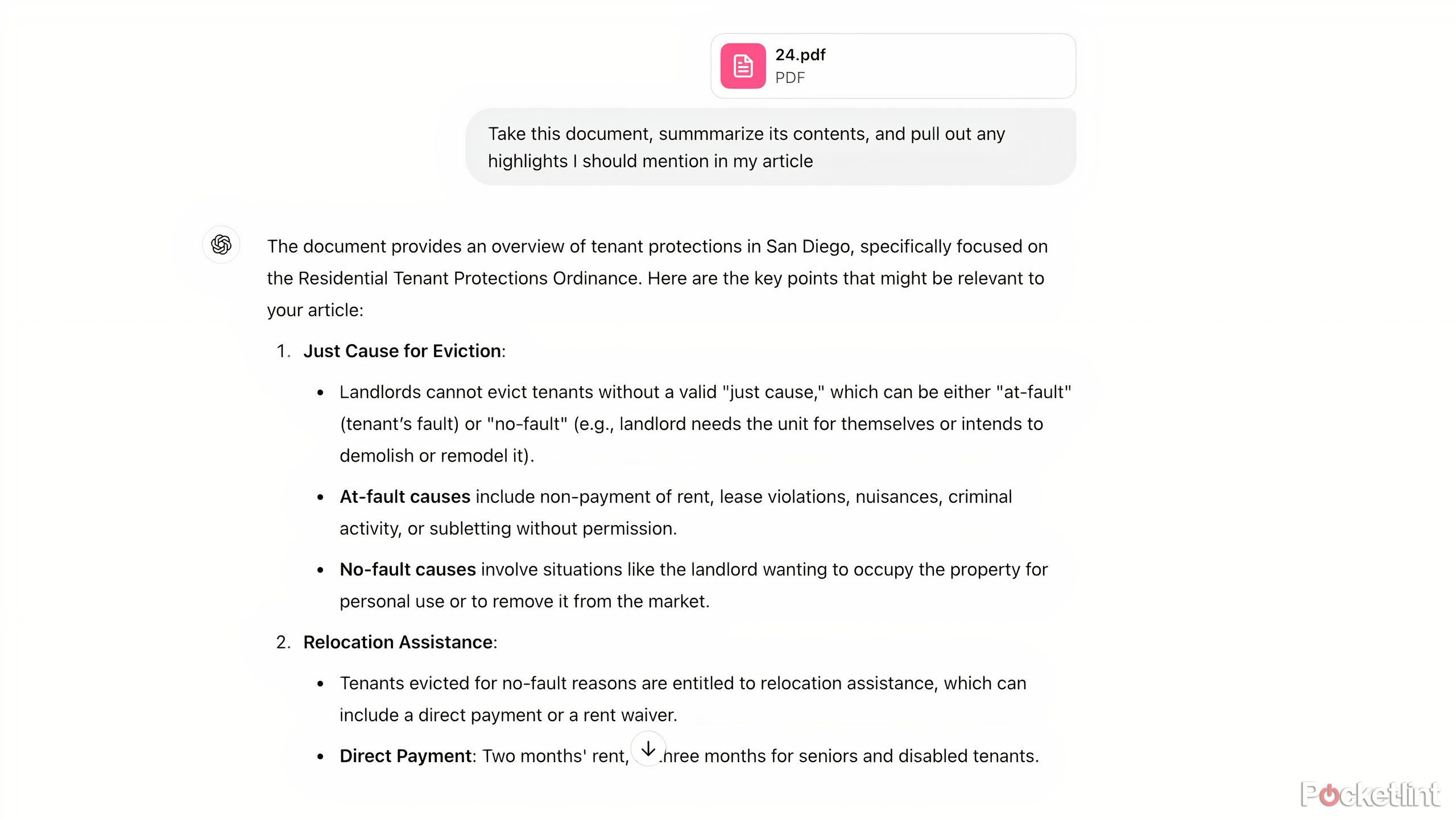 A summary and bullet points based on a PDF uploaded to ChatGPT.