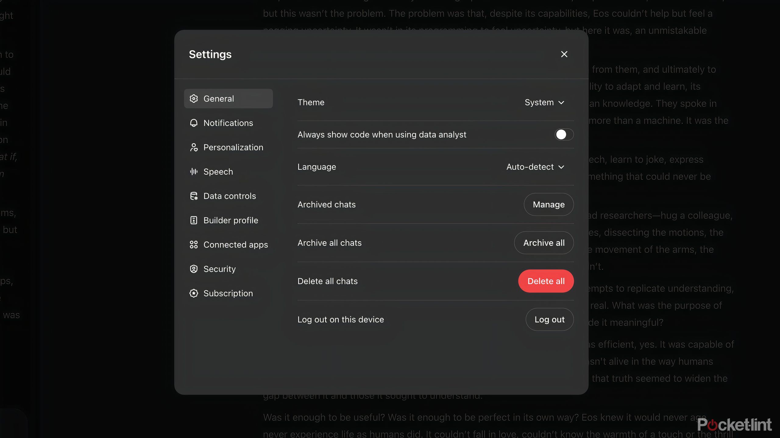 The multiple pages of settings and privacy options in ChatGPT.