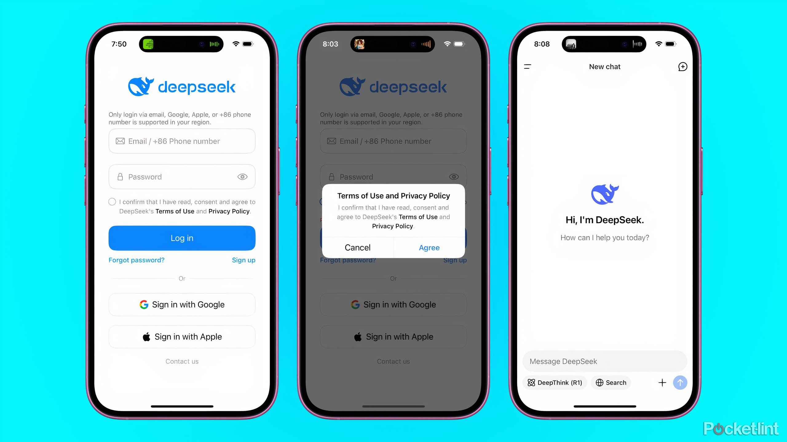 Three screens showing the DeepSeek login page, Terms of Use agreement, and new chat page.