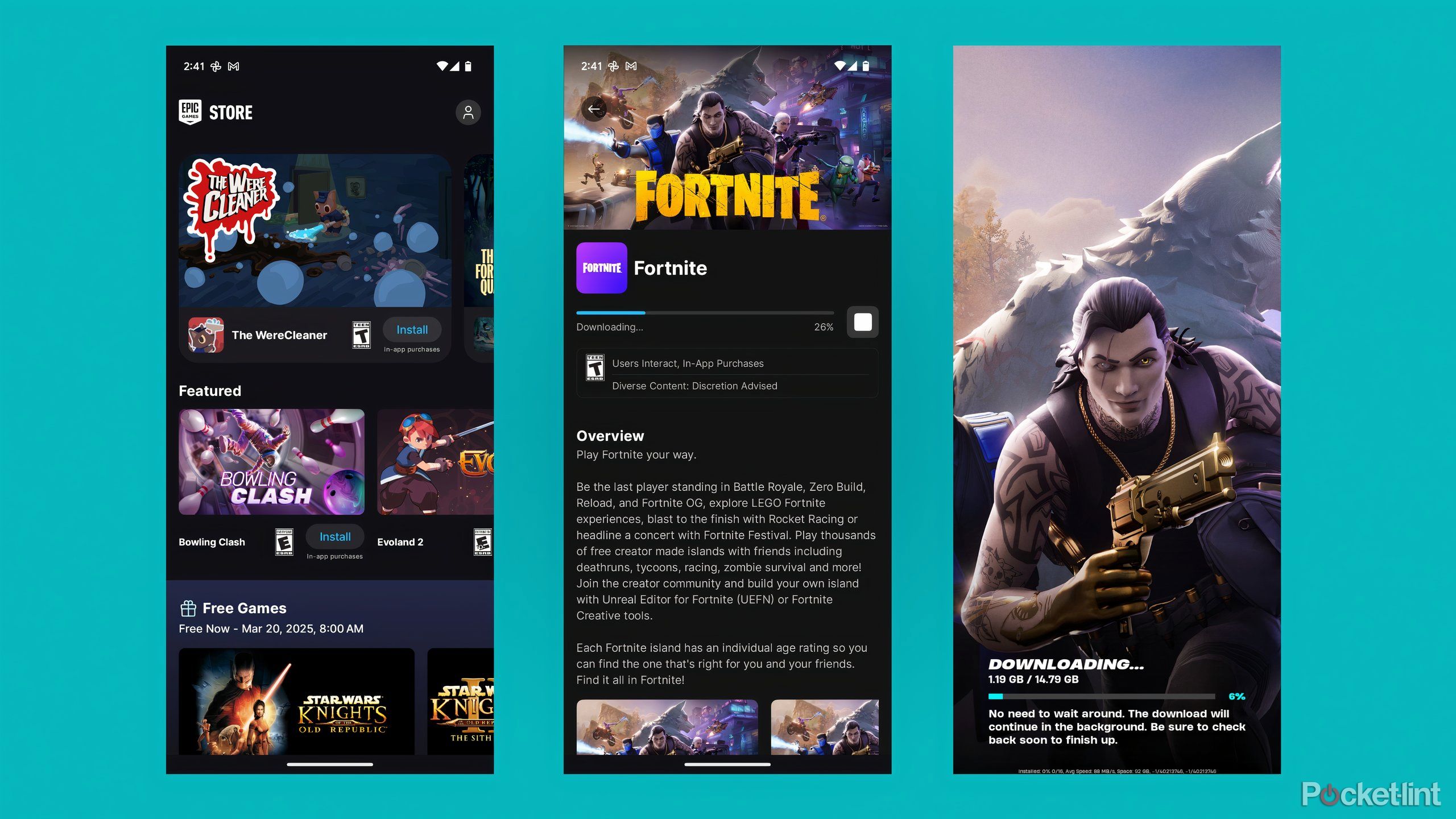 Three screenshots showing the Epic Games Store, Fortnite page, and a Fortnite loading screen.