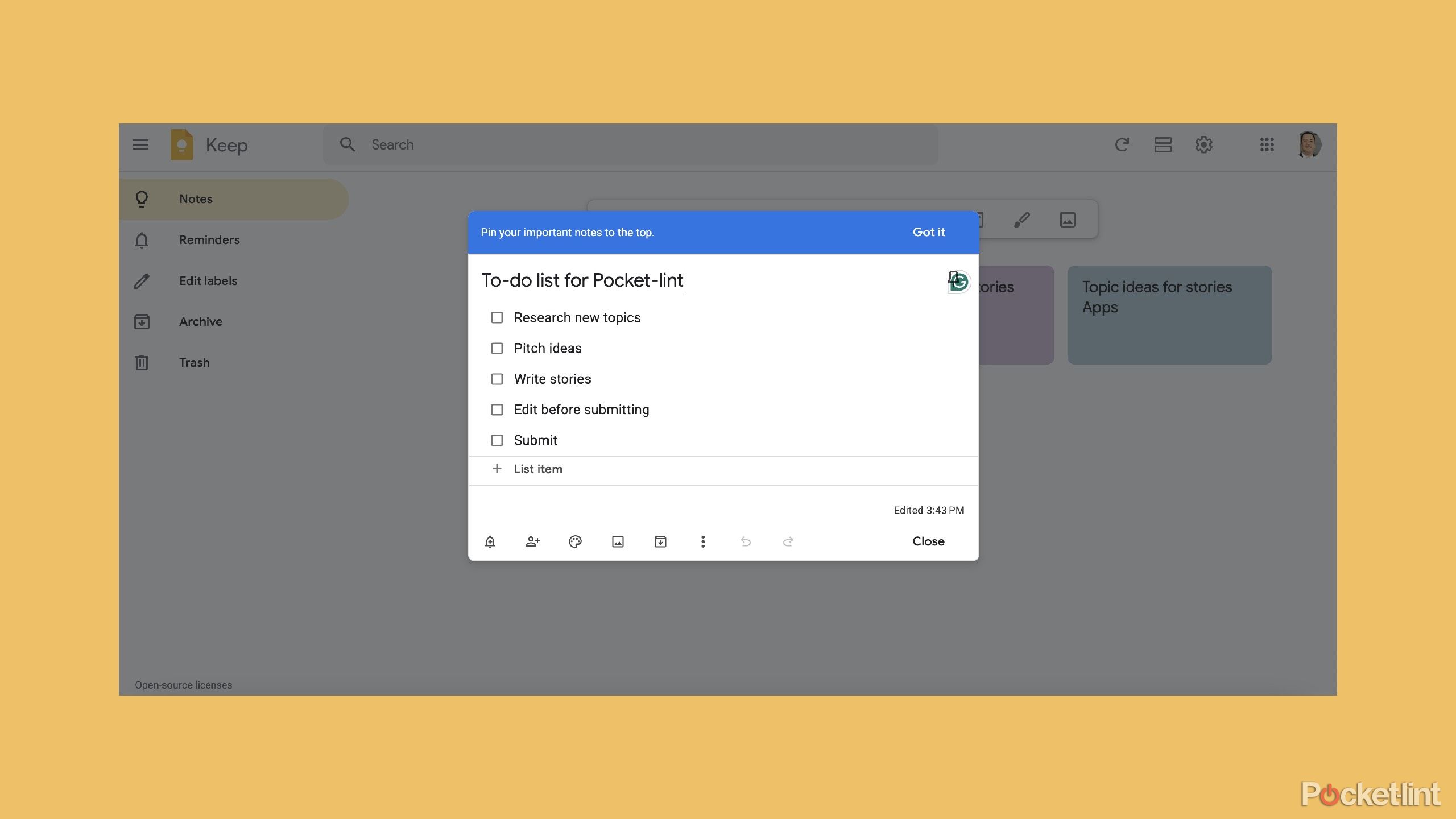 Lists in Google Keep. 