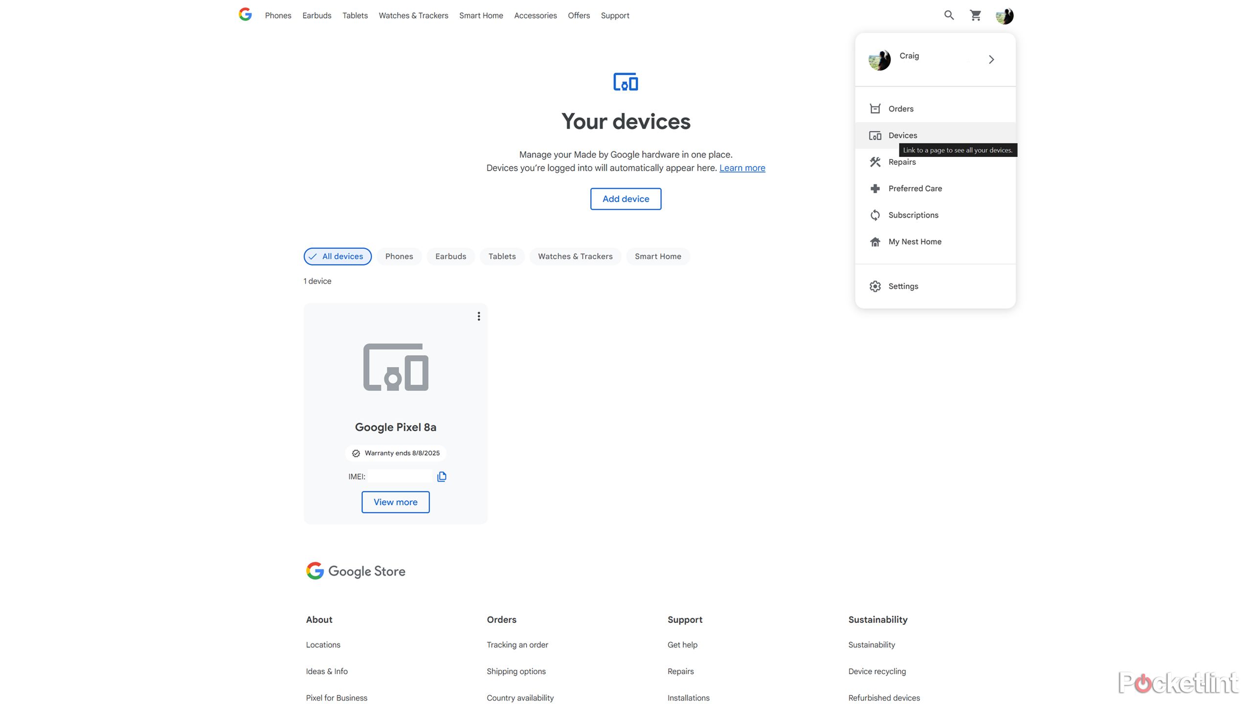 Your Devices page on Google Store.