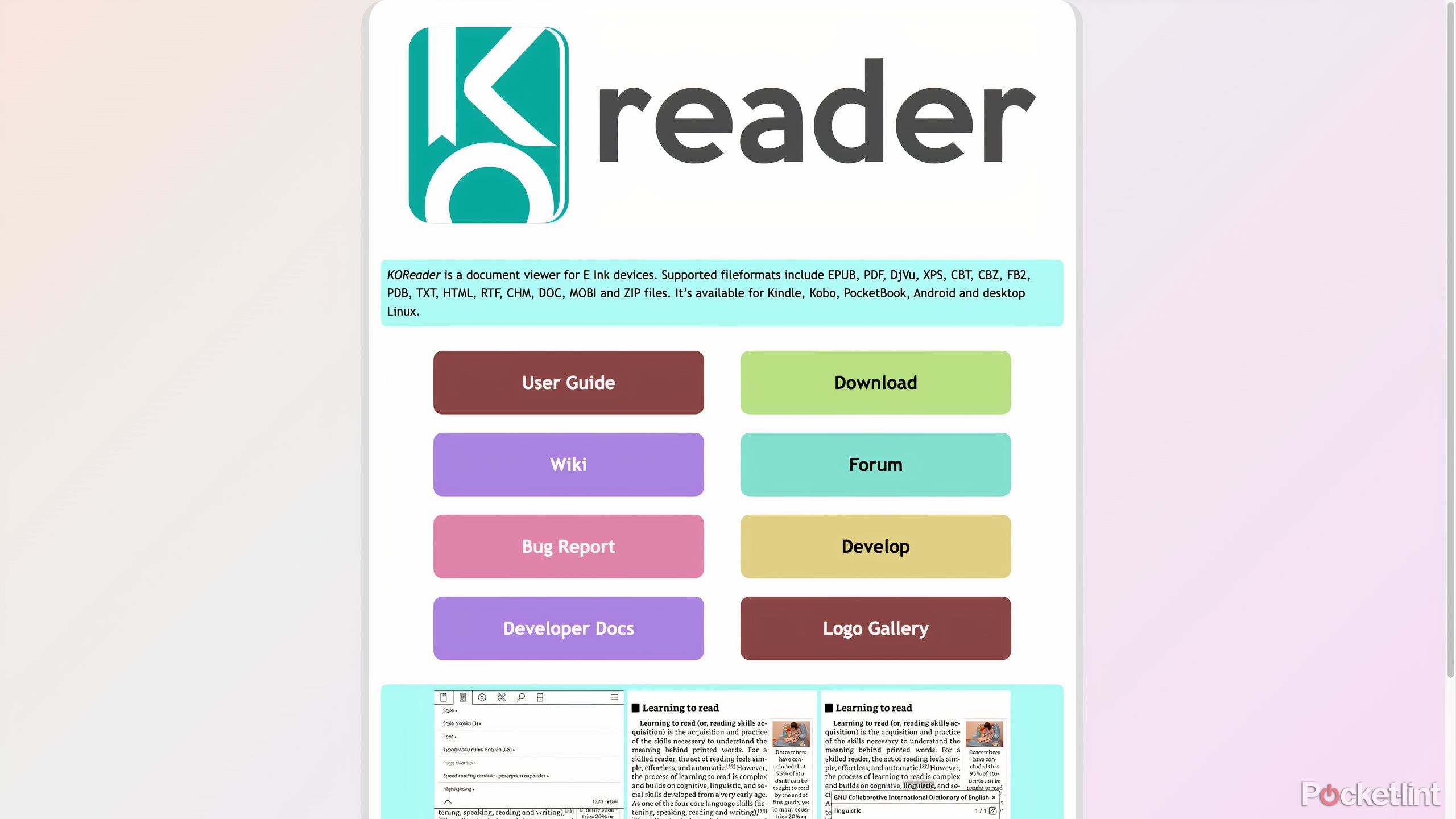 The koreader landing page with links to the wiki, download page, and more.