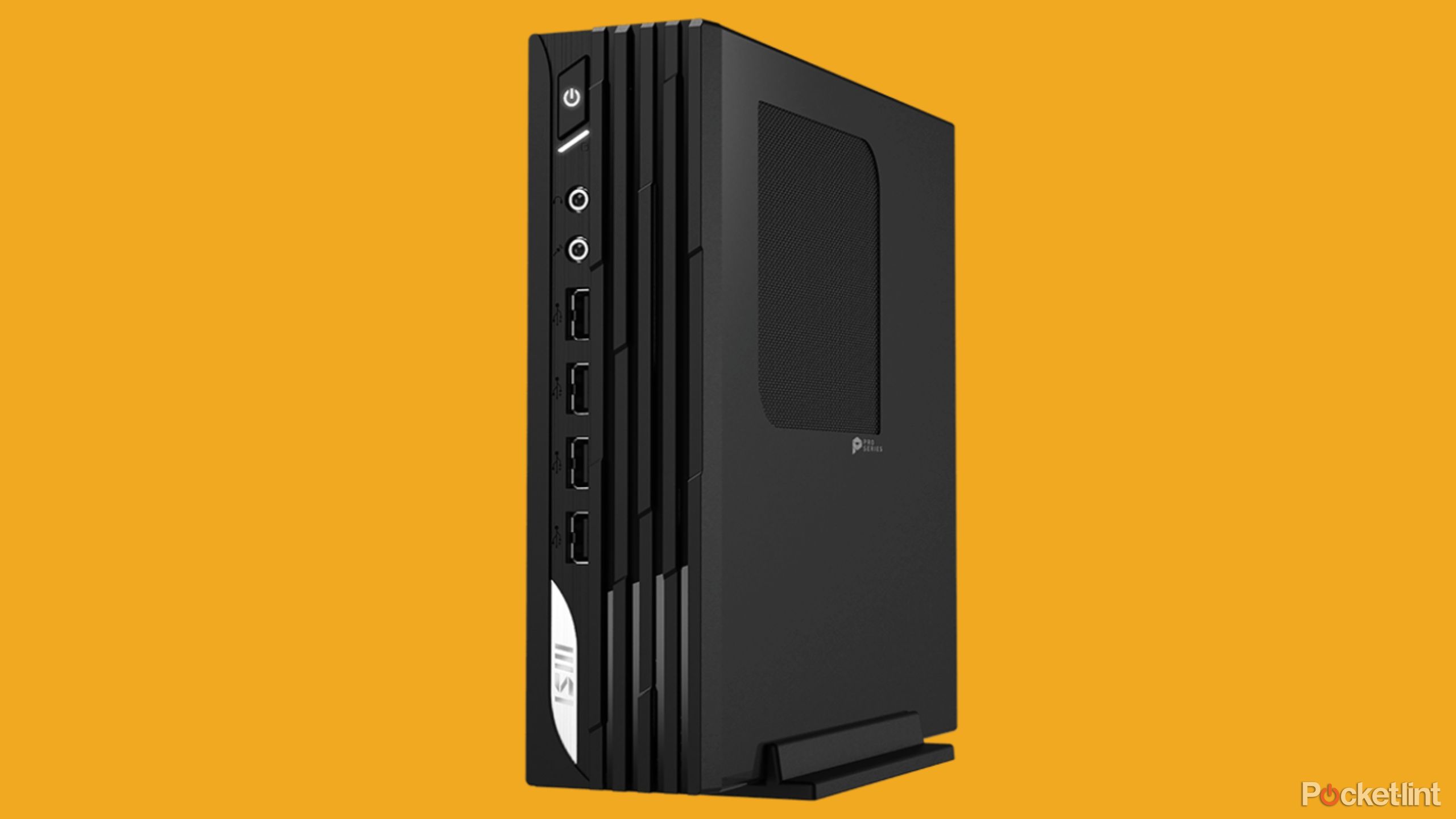 A photo of the MSI Pro DP21 11M on an orange background.