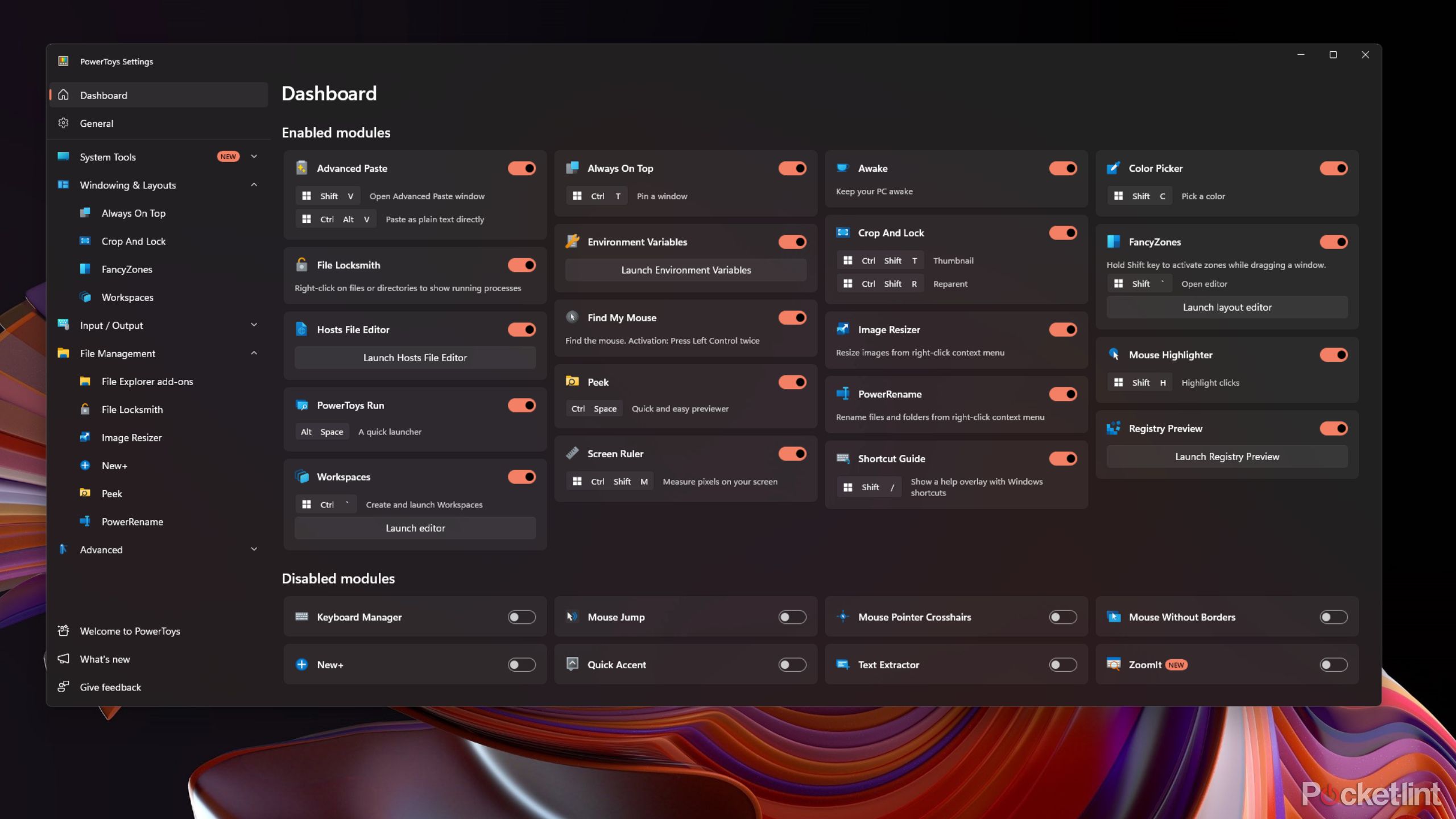 A screenshot of the Microsoft PowerToys dashboard on Windows 11.