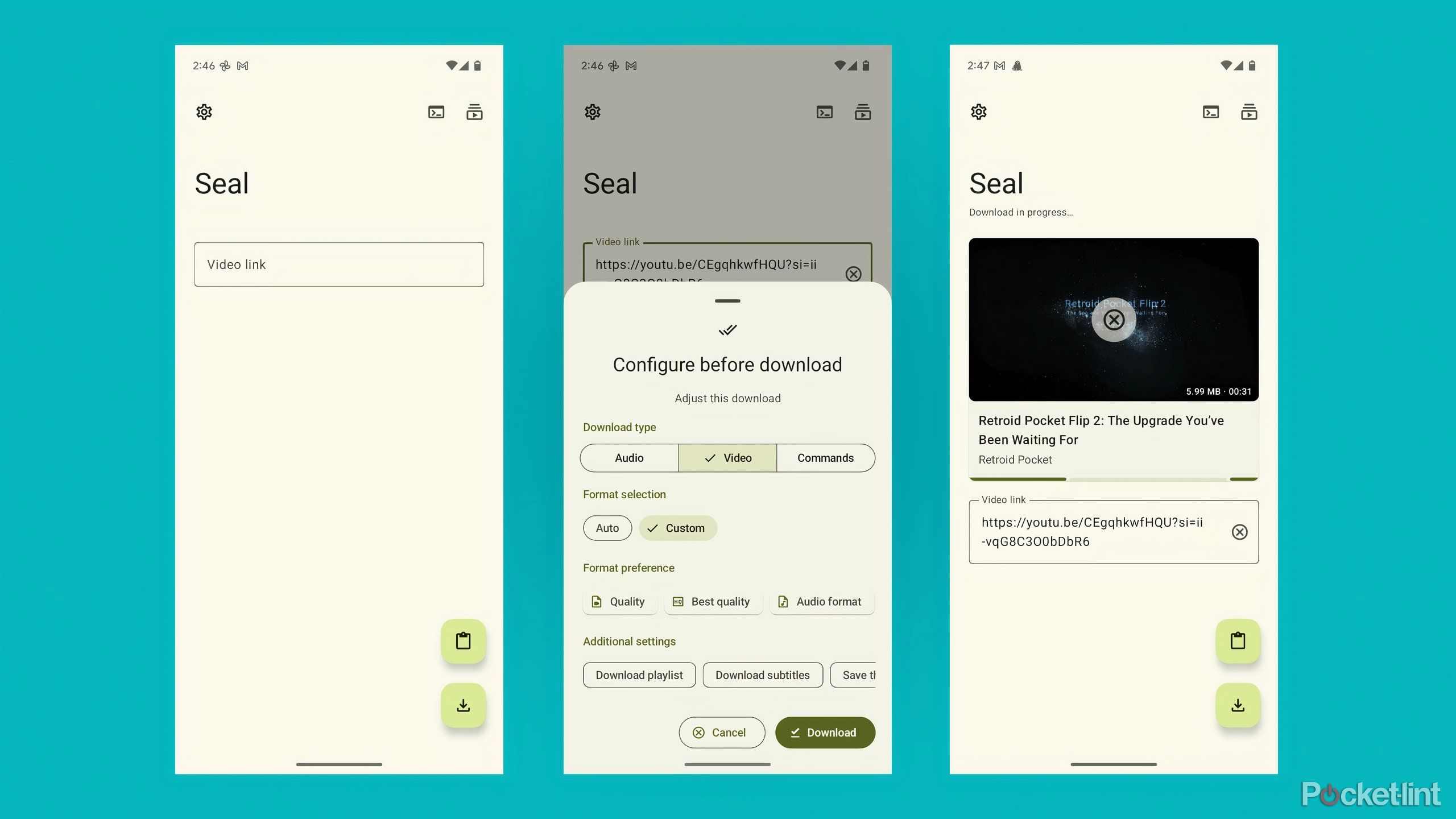 Three screenshots from the Seal app showing where you paste links, settings, and a downloaded video.