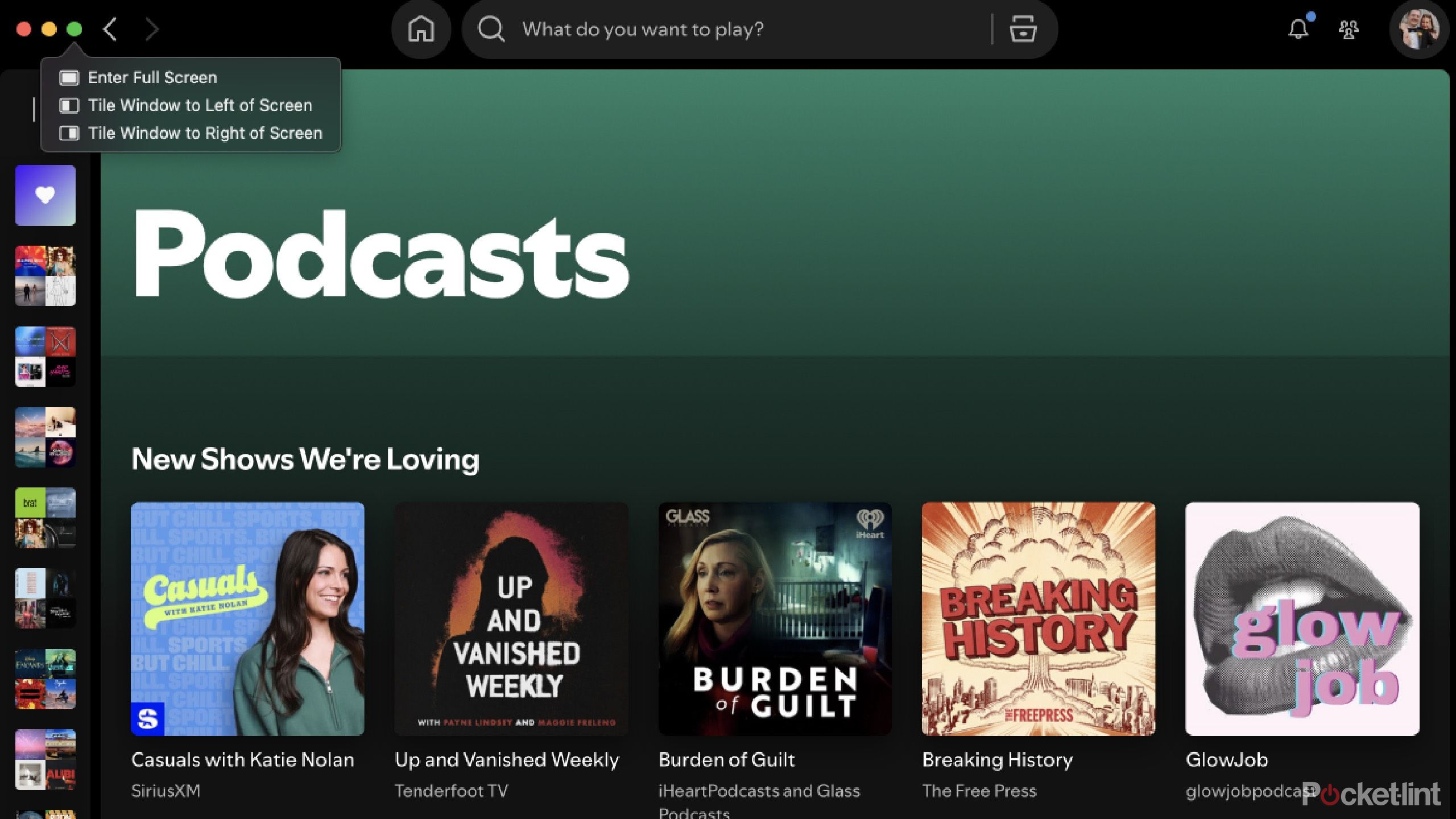 Spotify podcasts page with a green header. 