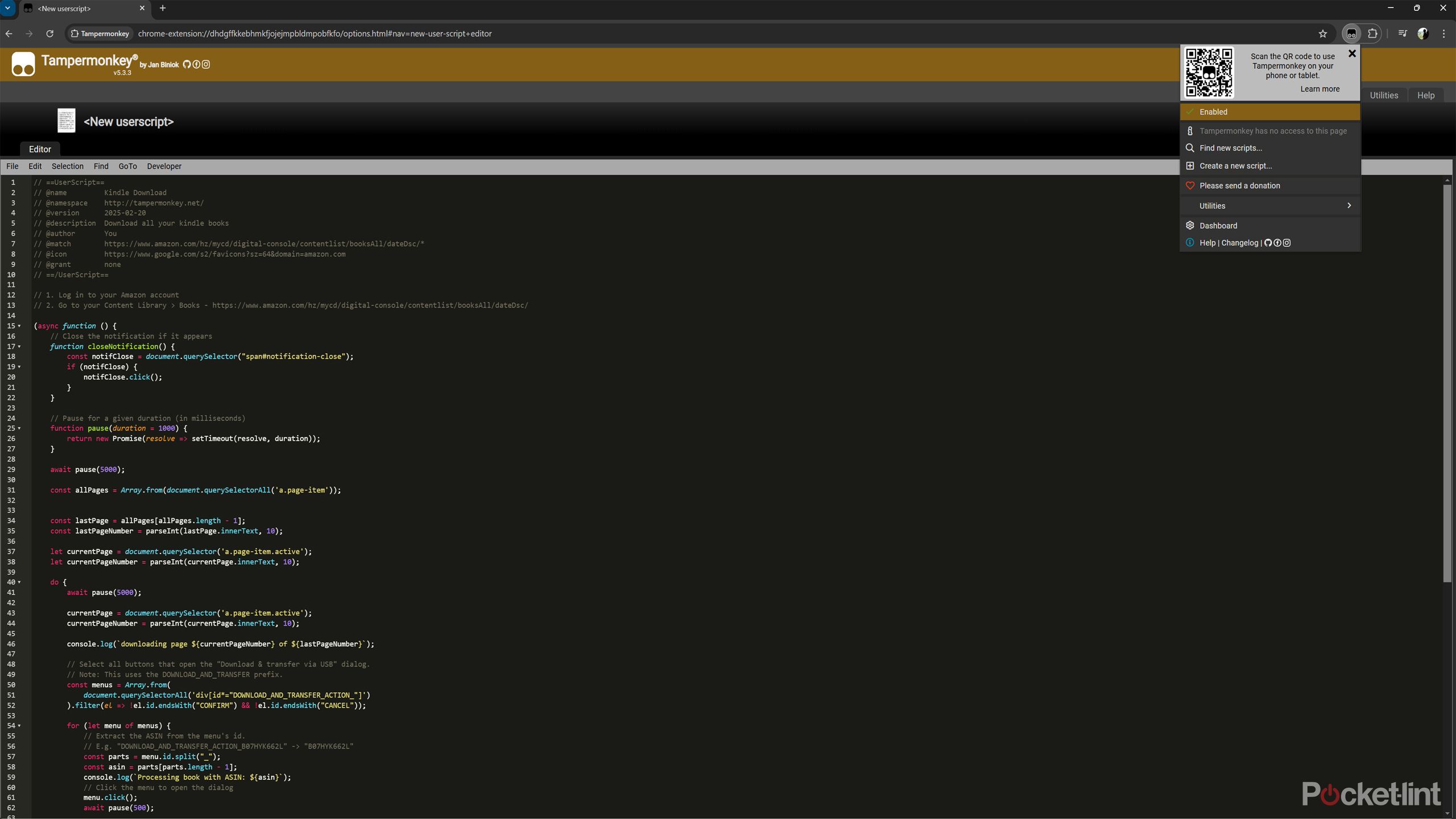 Tampermonkey download Kindle library script code screenshot