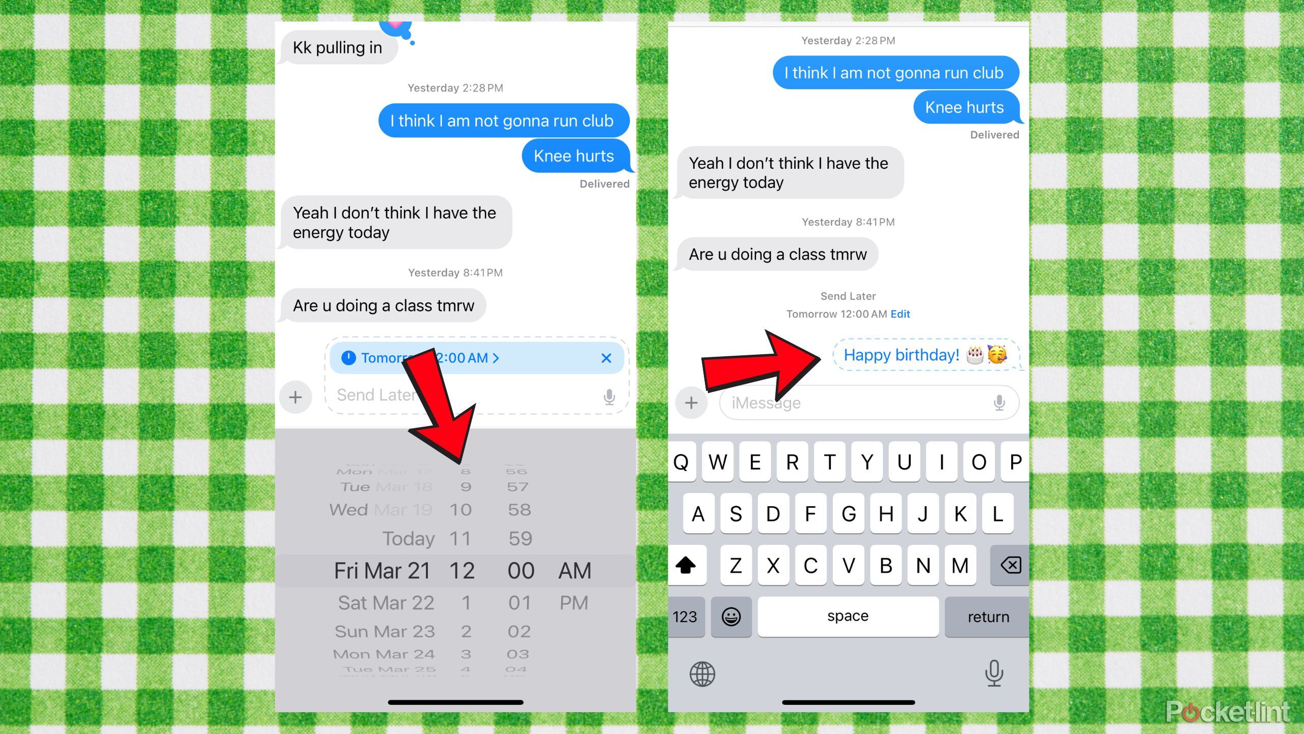 Last two steps of scheduling an iMessage.