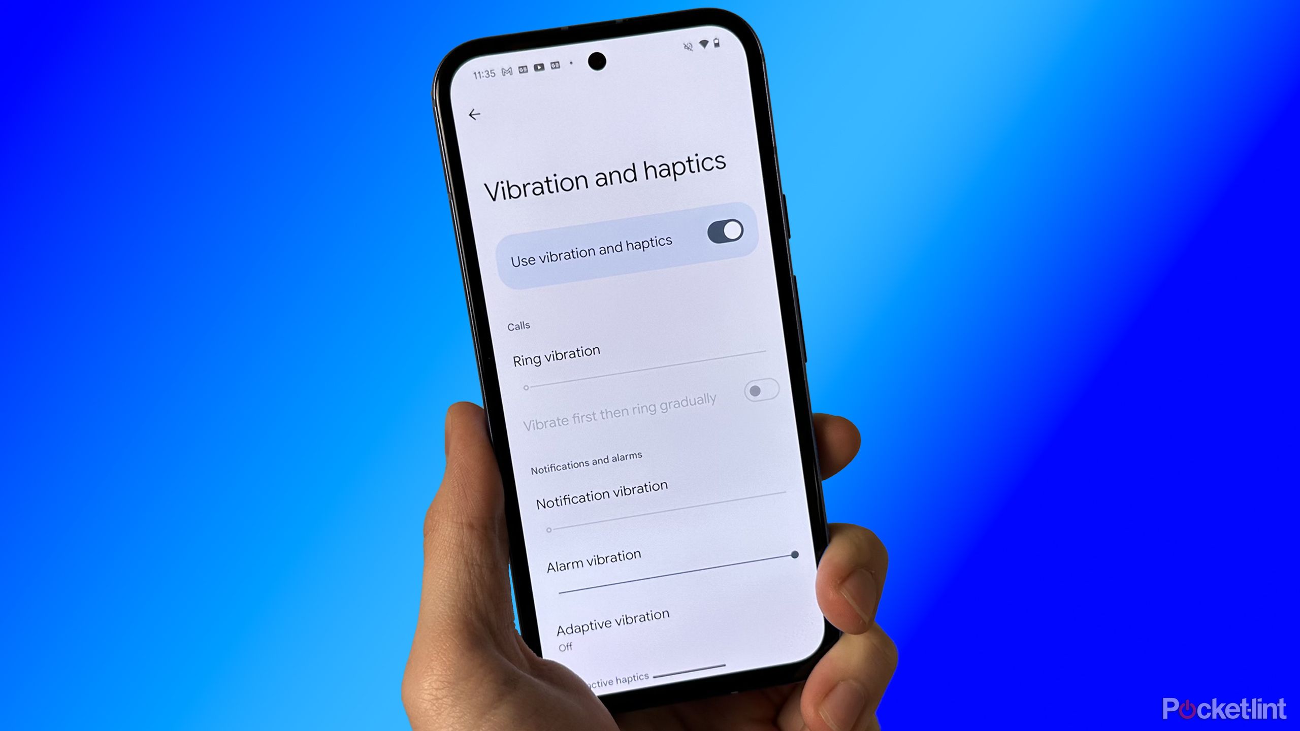 Pixel 8a vibration and haptic settings on blue background.