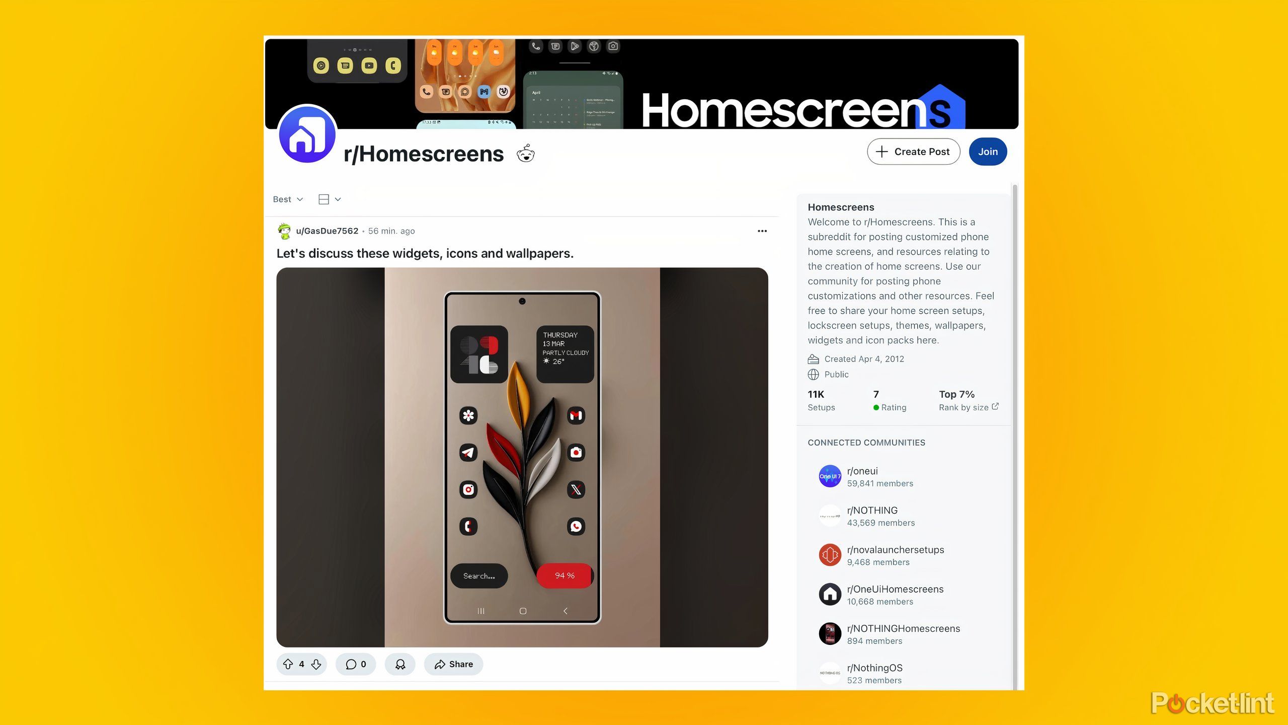 A screenshots of a subreddit of home screen setups.