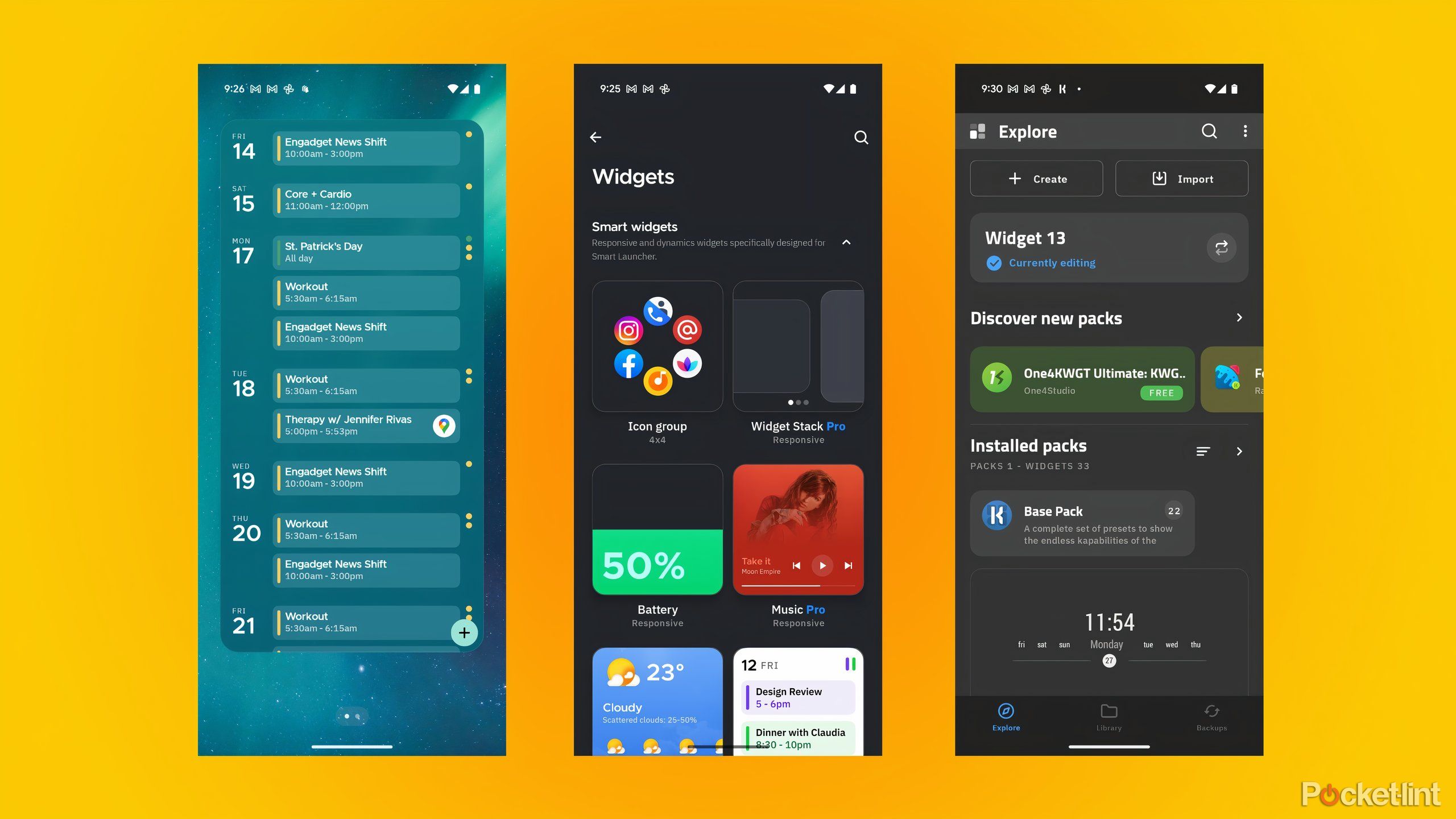 Three screenshots of different widget customization options.