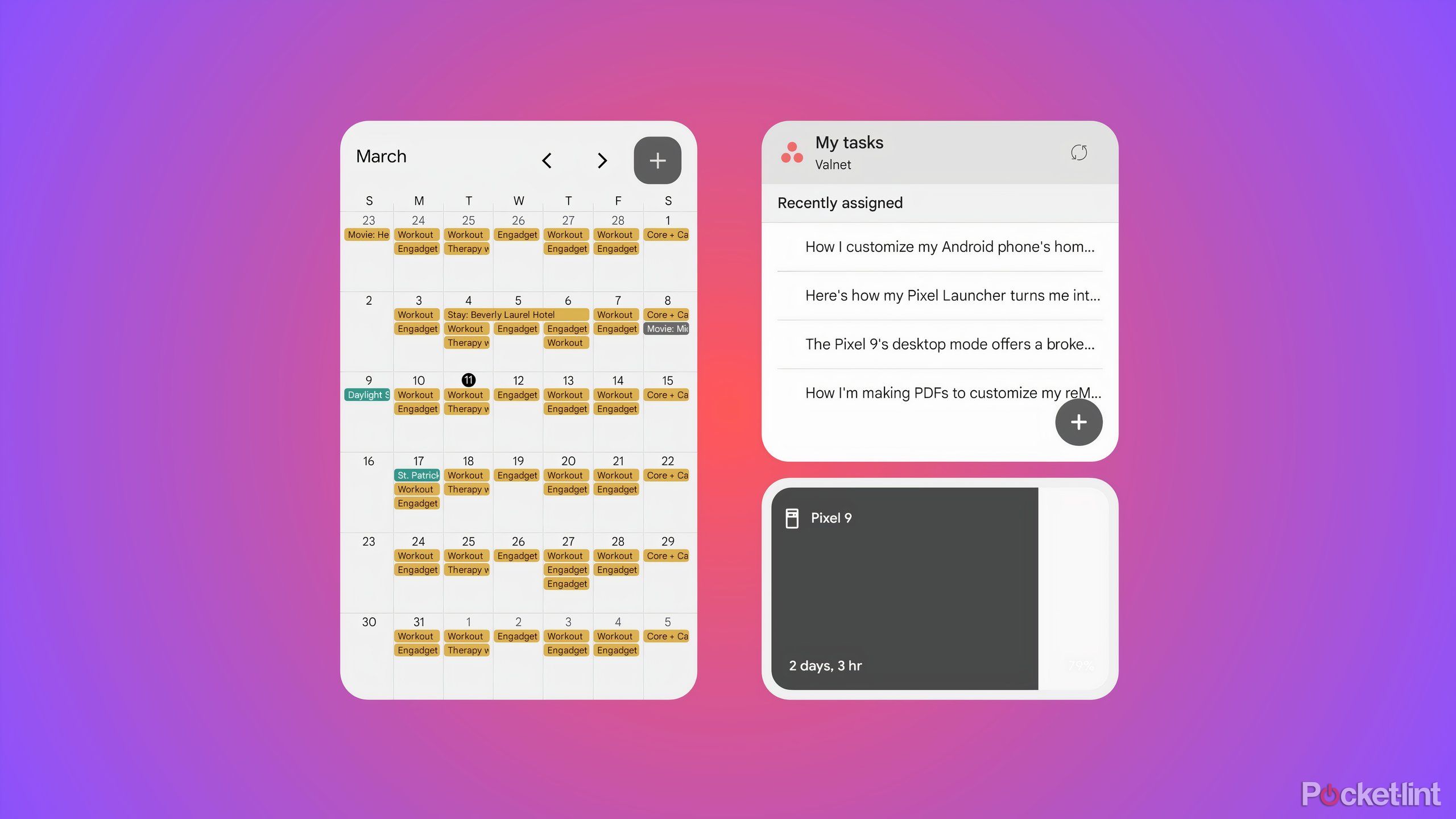 The calendar, Asana, and battery life widgets on a red and purple background.