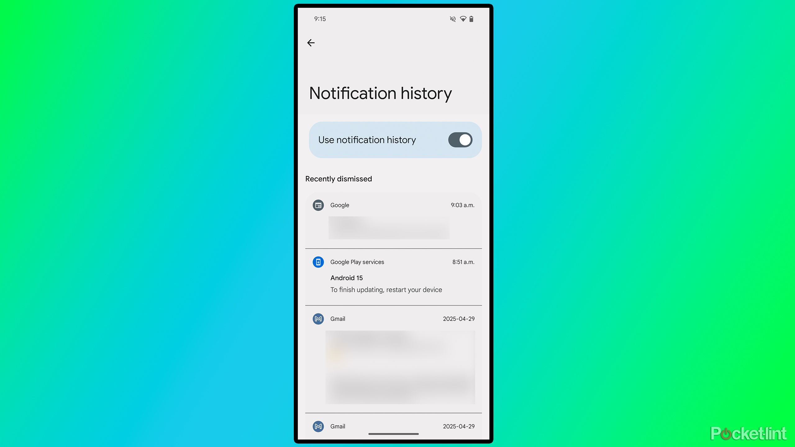 Pixel notification history setting.