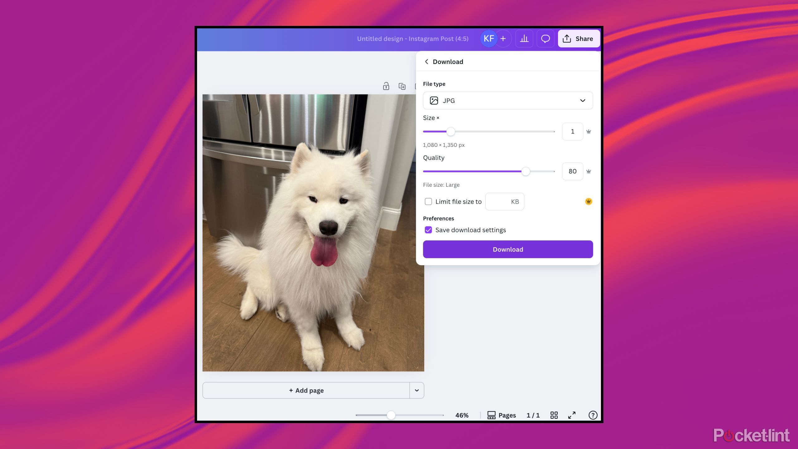 A photo of a dog being downloaded from Canva. 