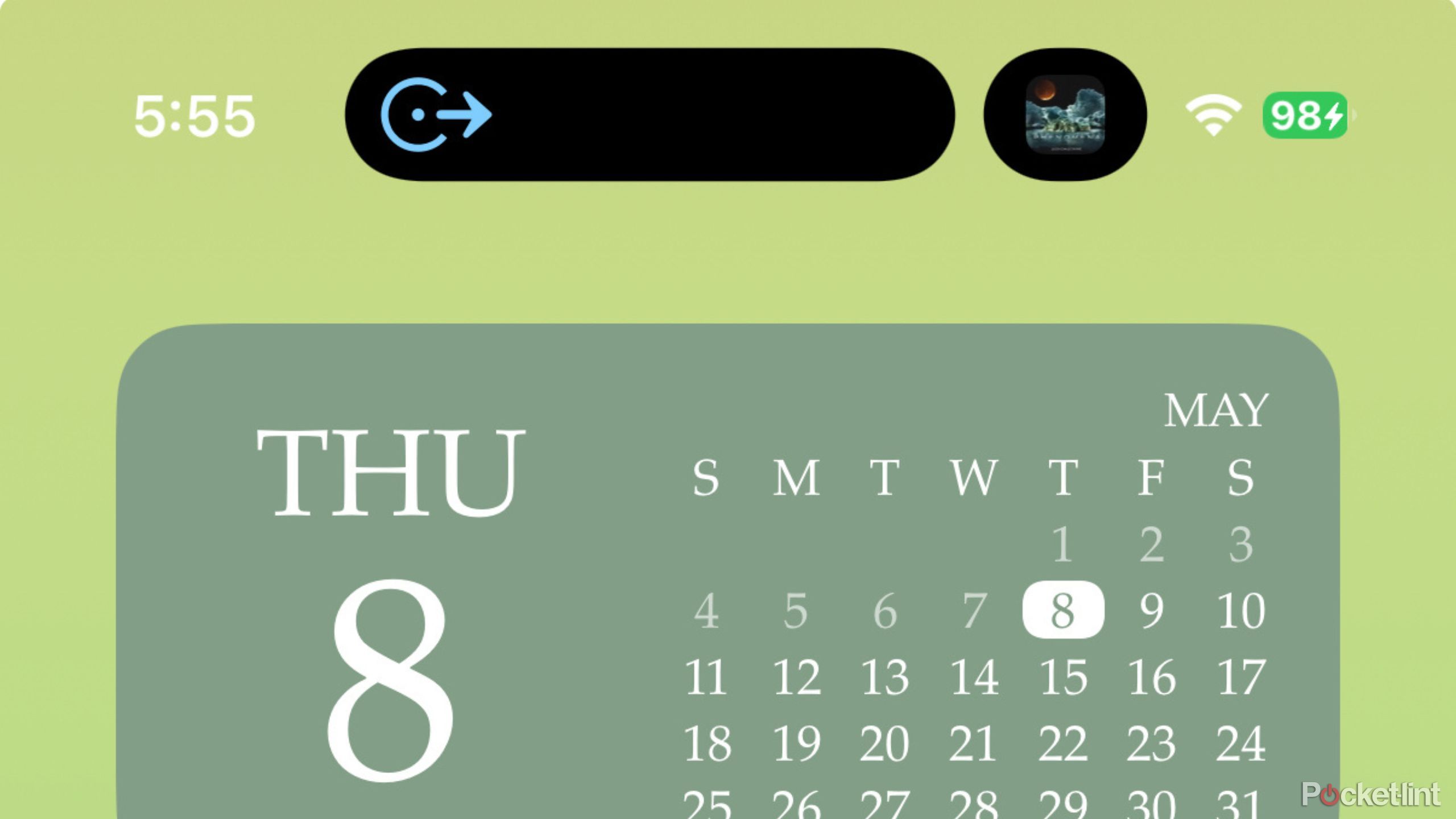 A floating island on an iPhone 16 Pro and calendar widget. 