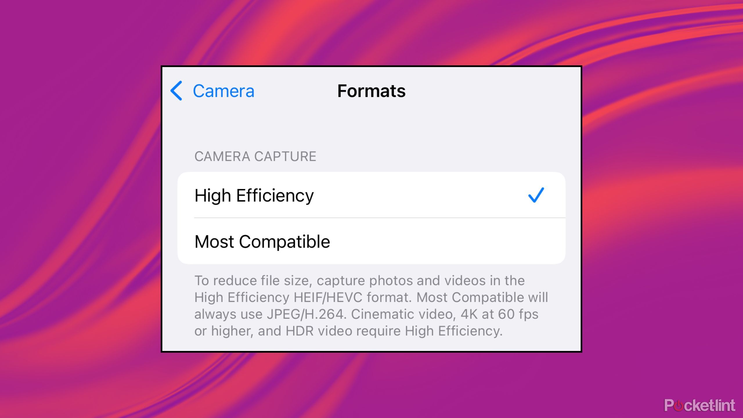 Camera Format settings on an iPhone 16 Pro. 