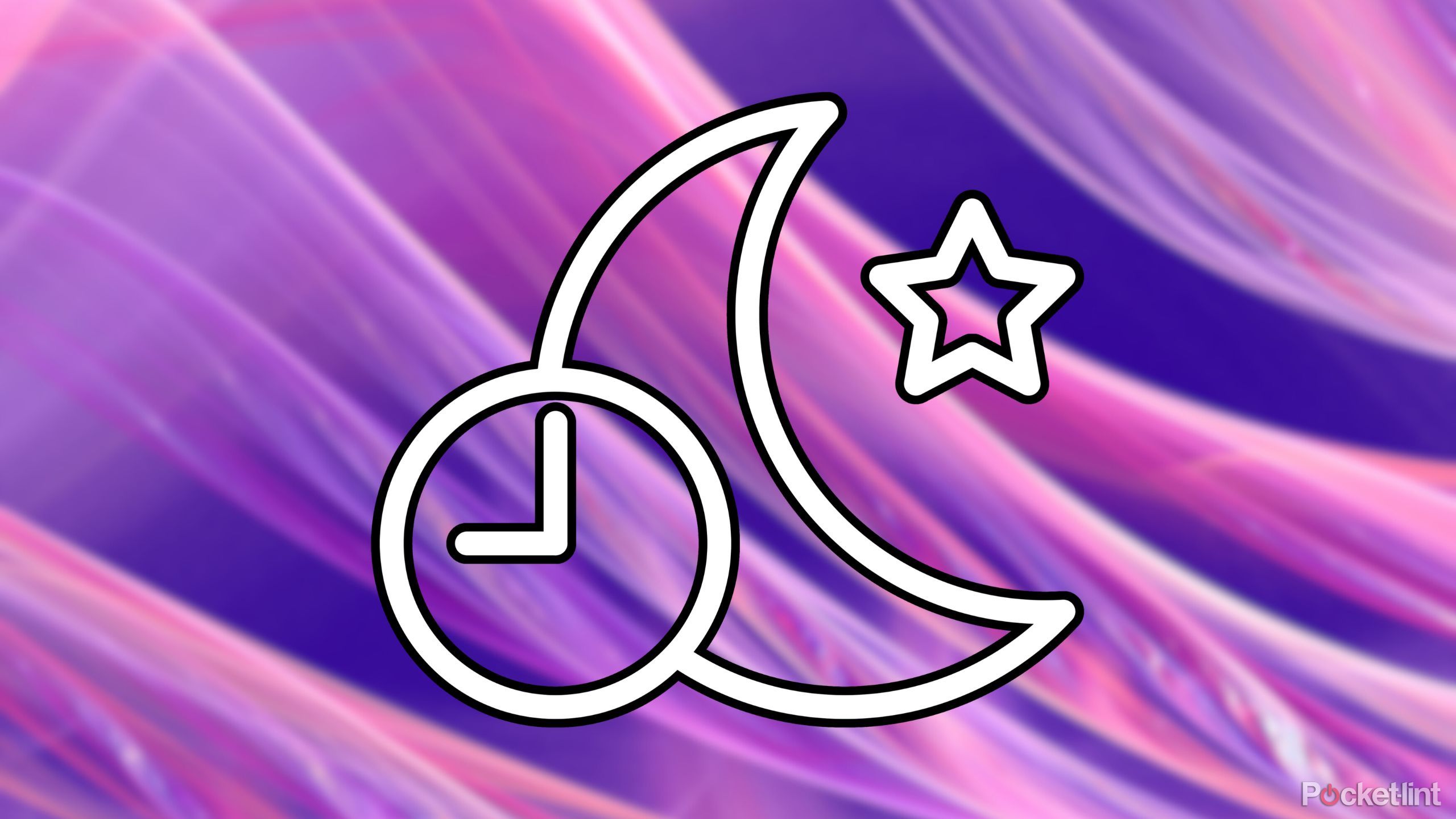 A crescent moon, clock, and star. 