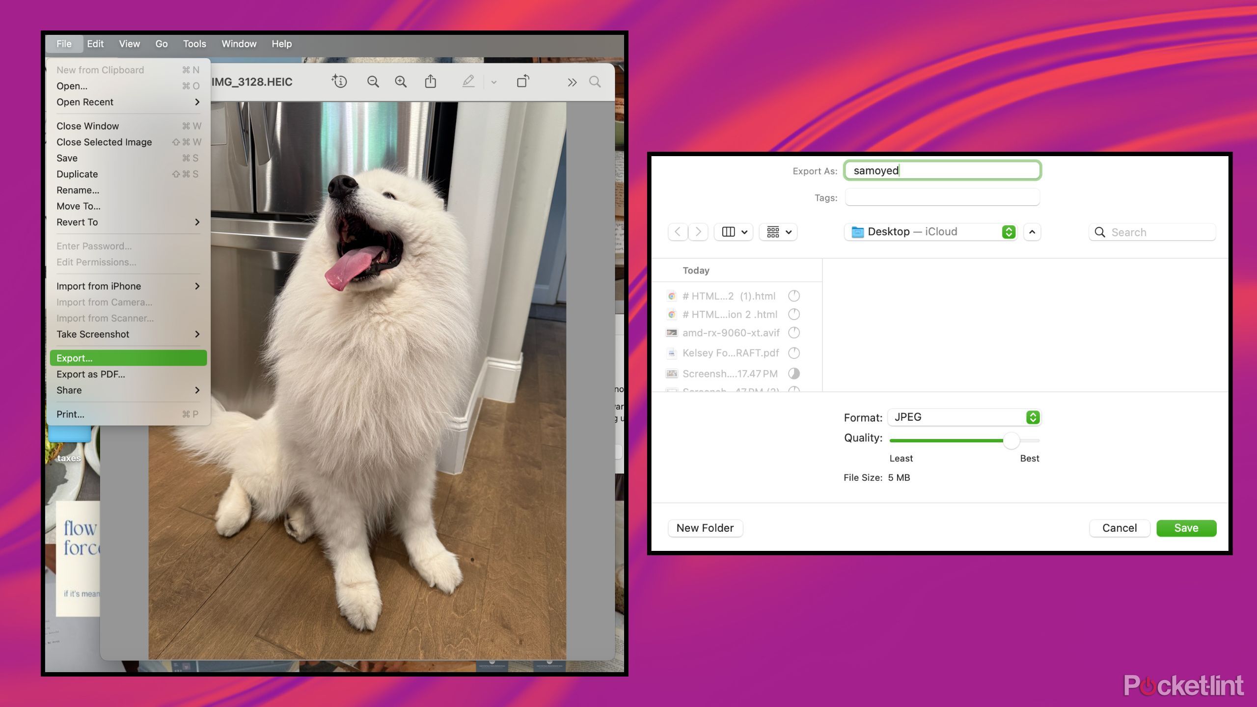 Converting an HEIC image into a JPEG on macOS.