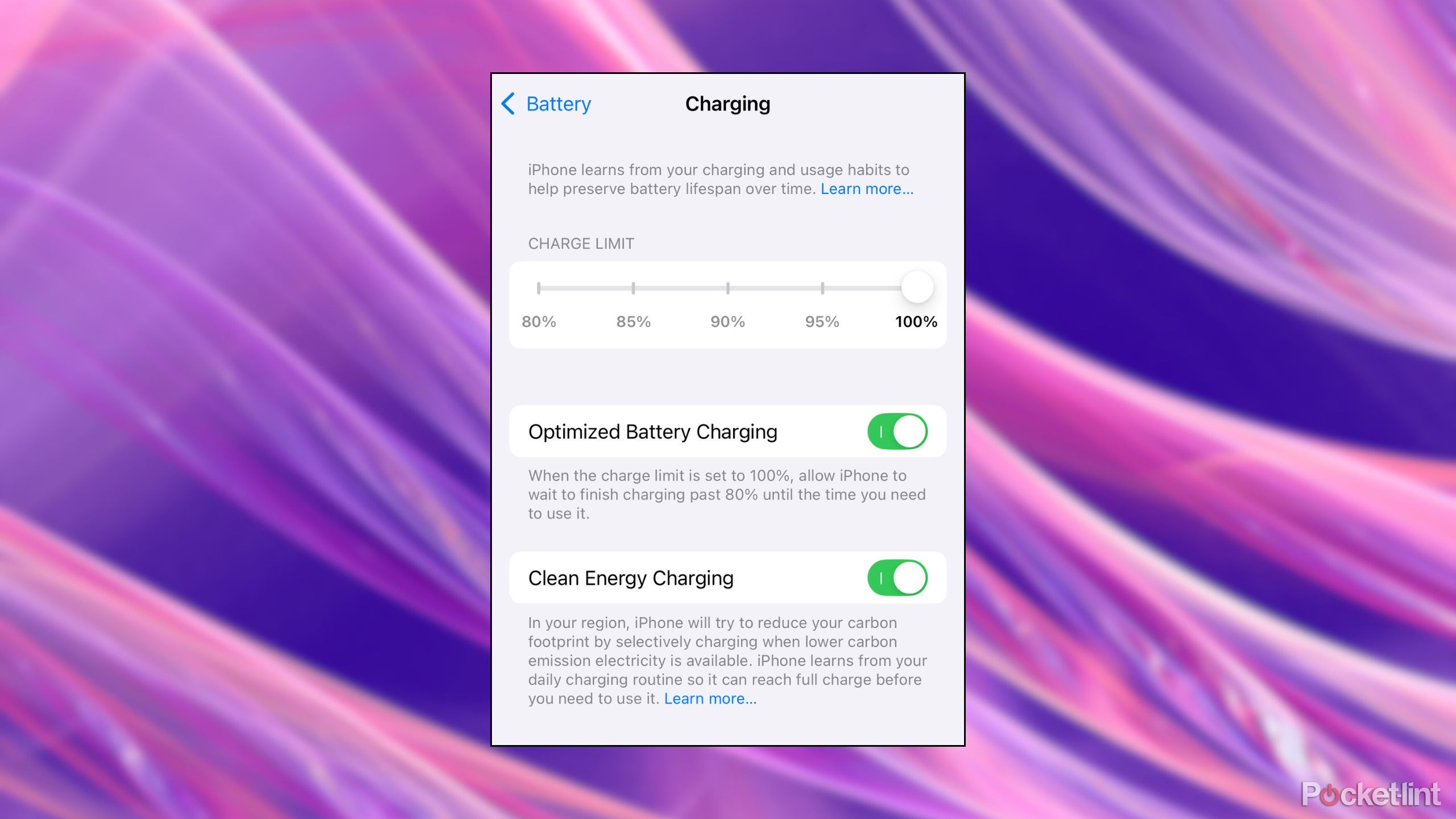 Charging optimization menu in iOS. 
