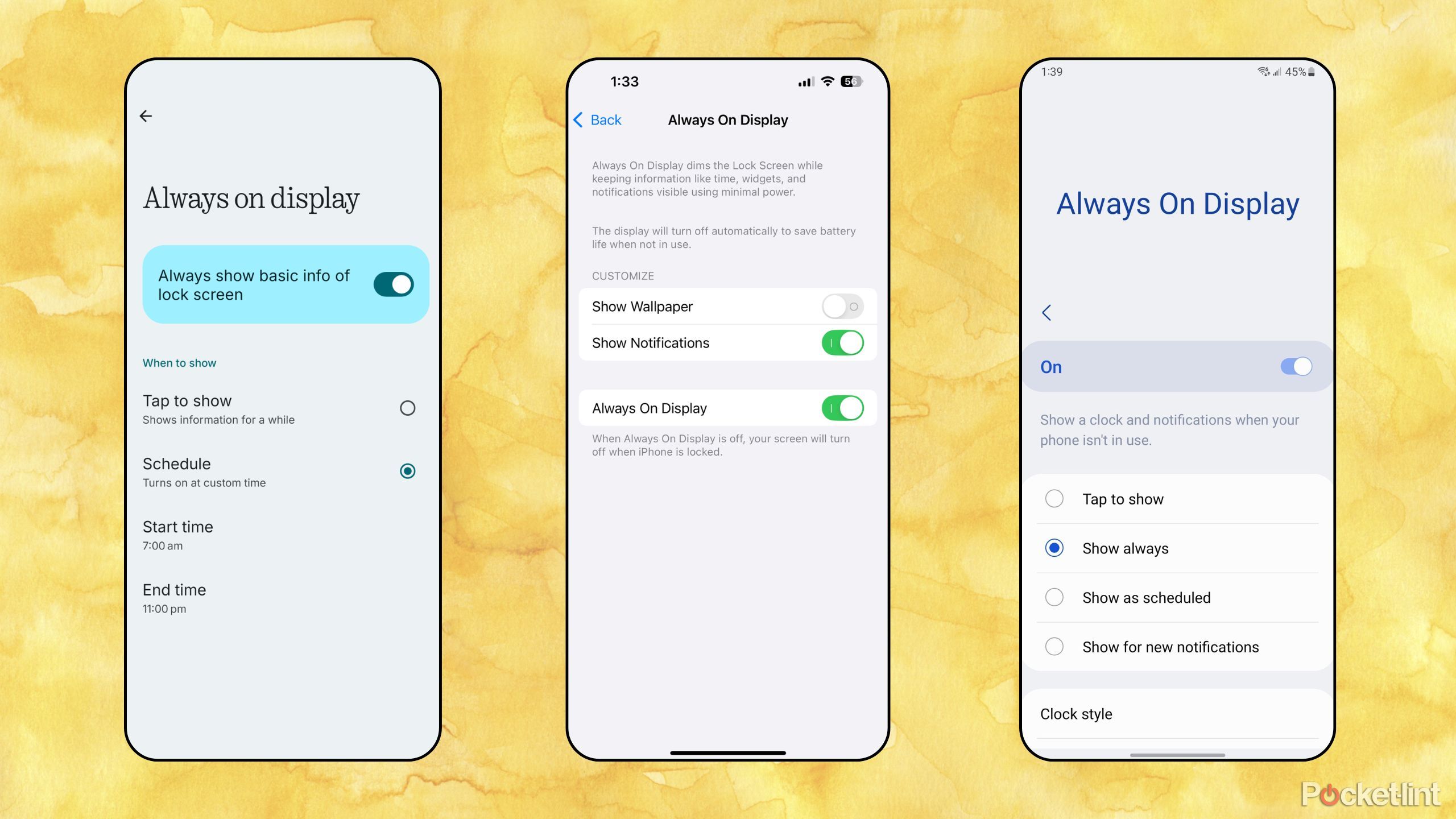 Always-on display settings screenshots