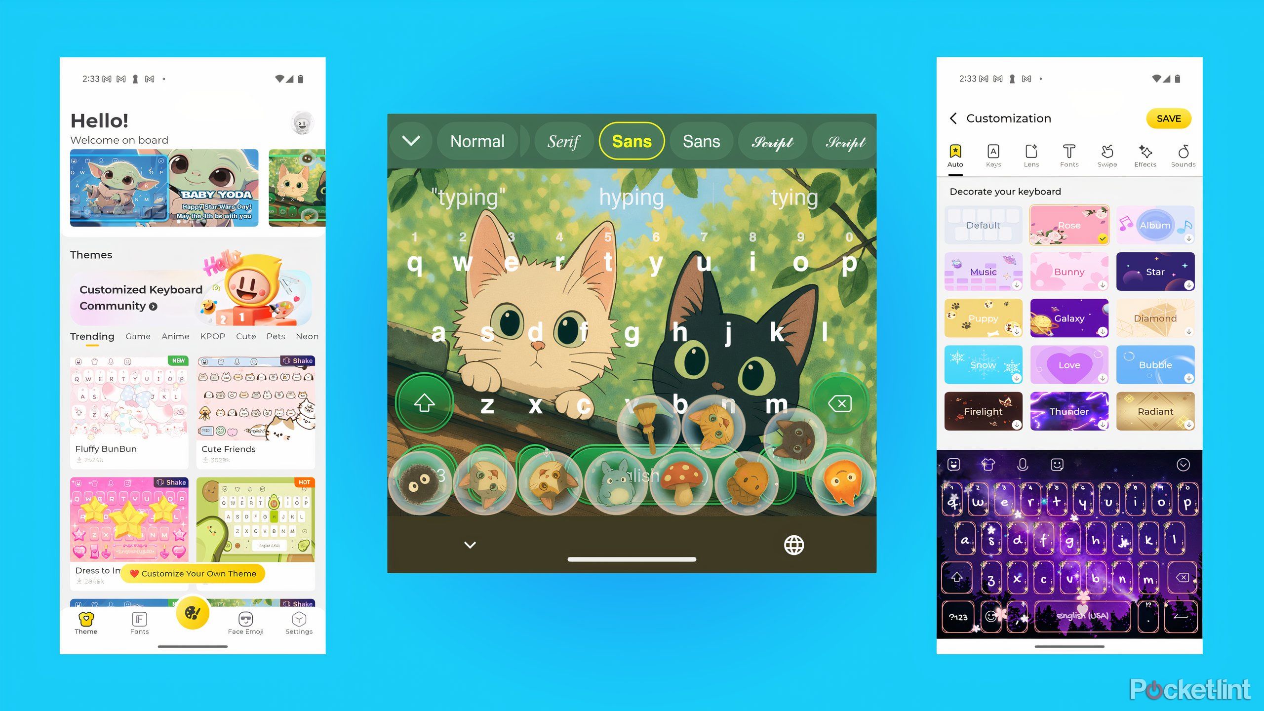 Three screenshots of the Facemoji keyboard showing themes, the keyboard itself, and the keyboard customizer.