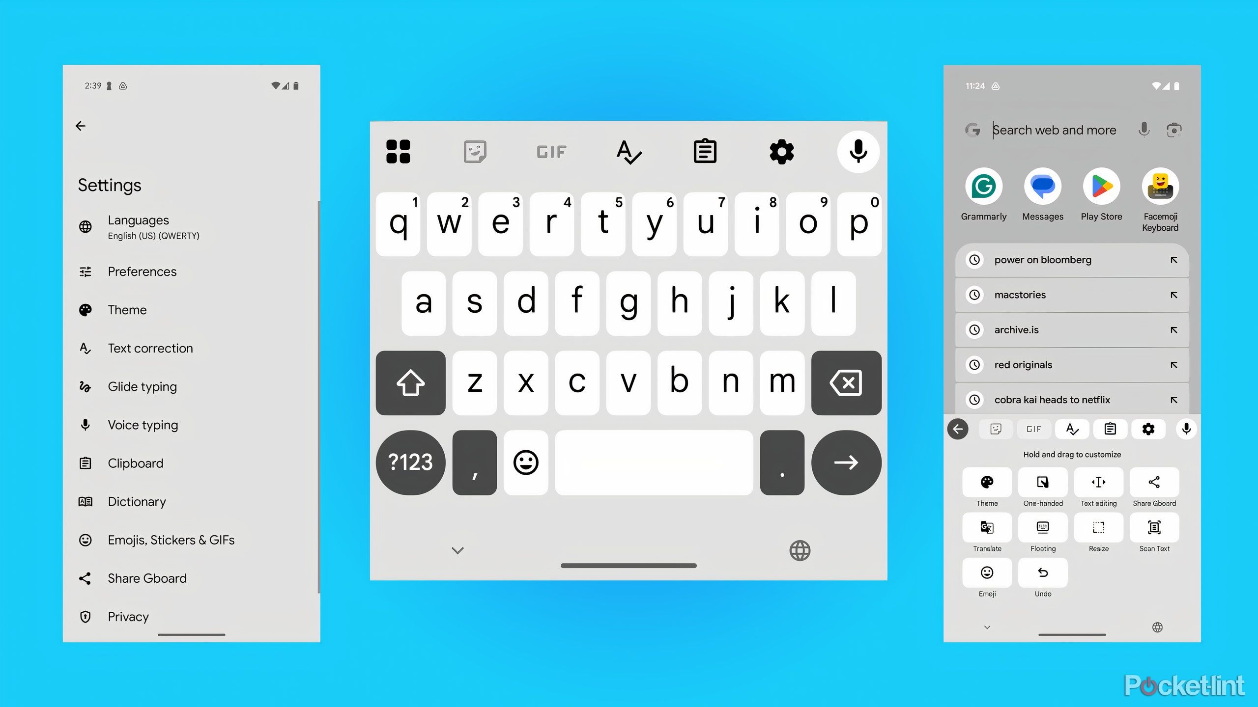 Three screenshots of the Gboard keyboard showing the settings page, the keyboard, and keyboard tools.