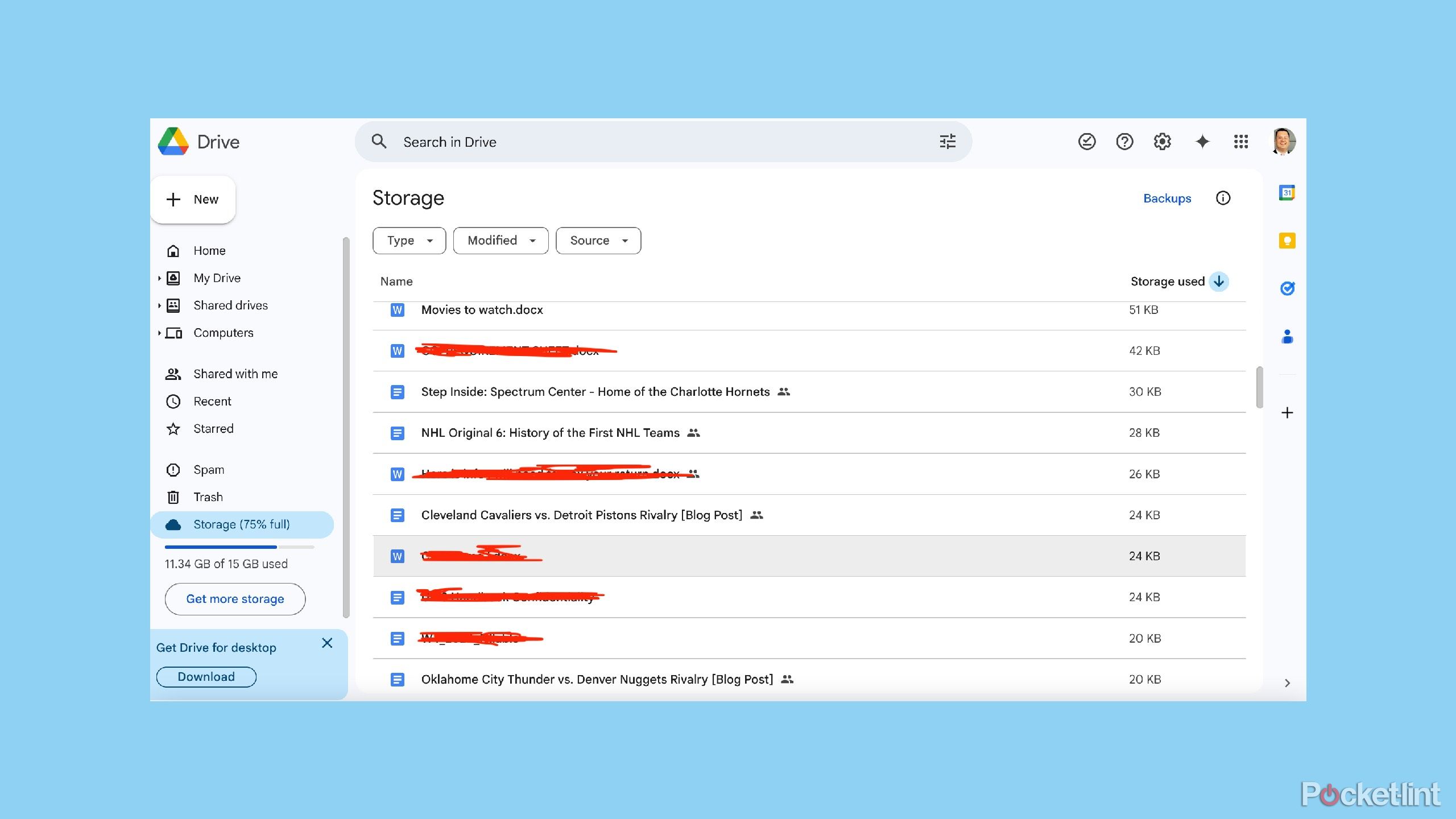 A list of files in Google Drive by size
