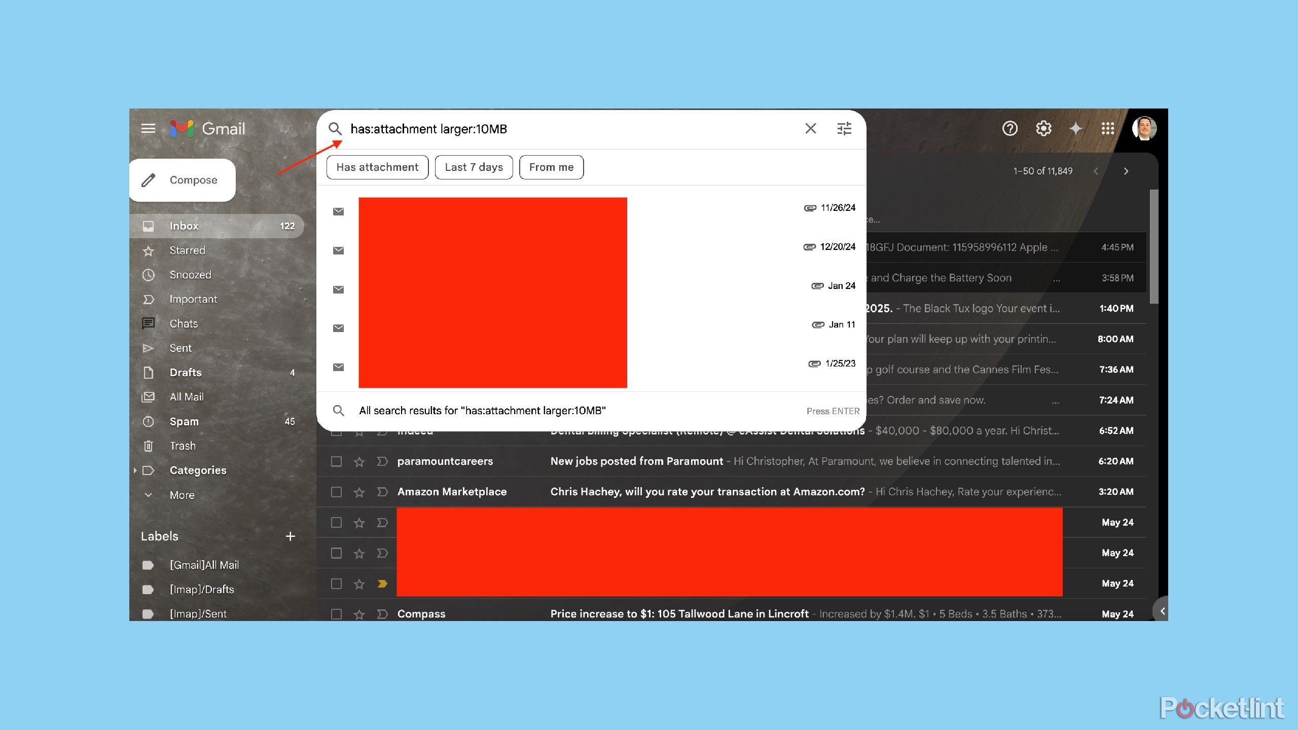 A Gmail inbox looking for emails with large attachments