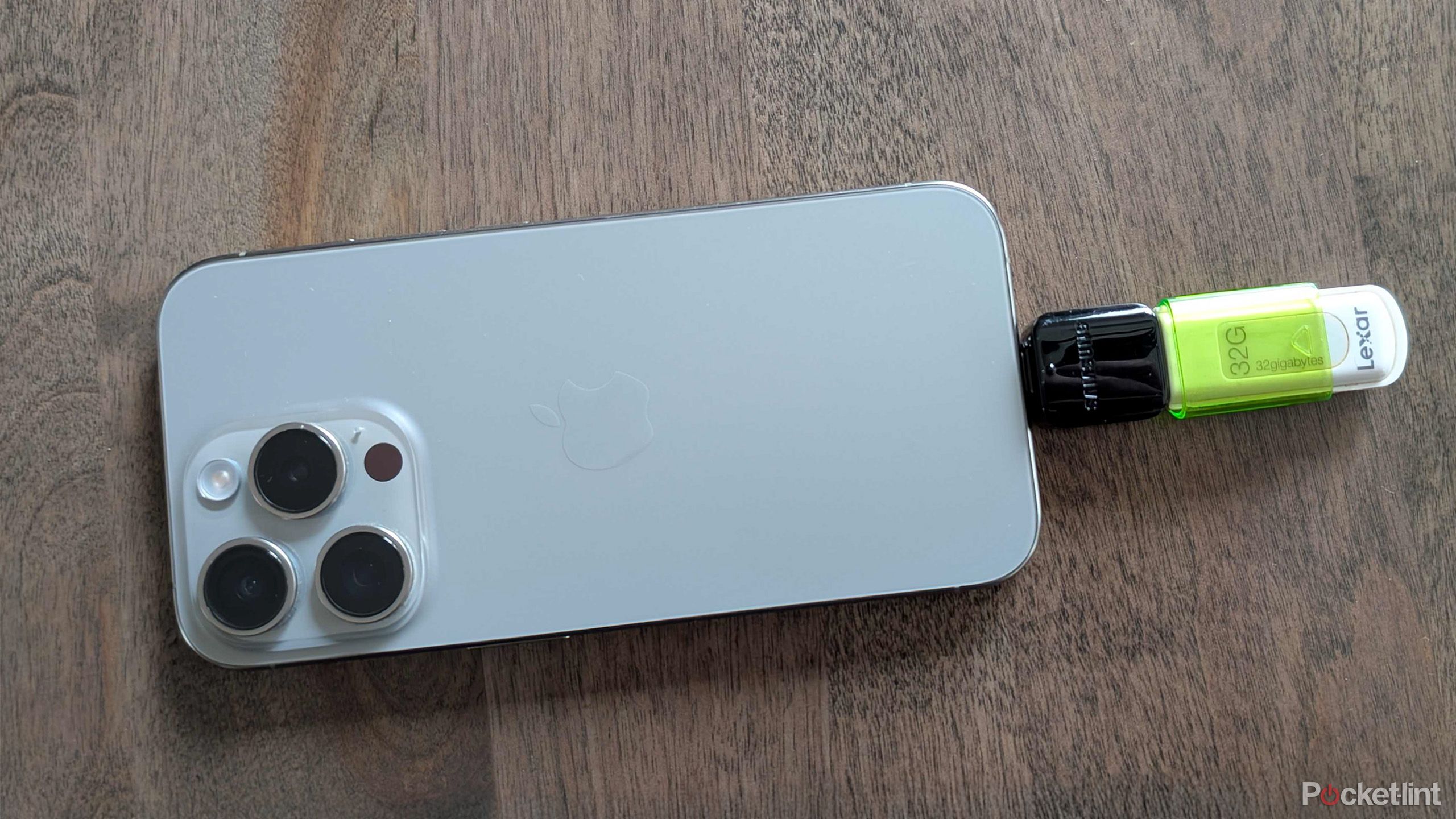 iPhone 15 Pro with a USB Stick in its USB-C port