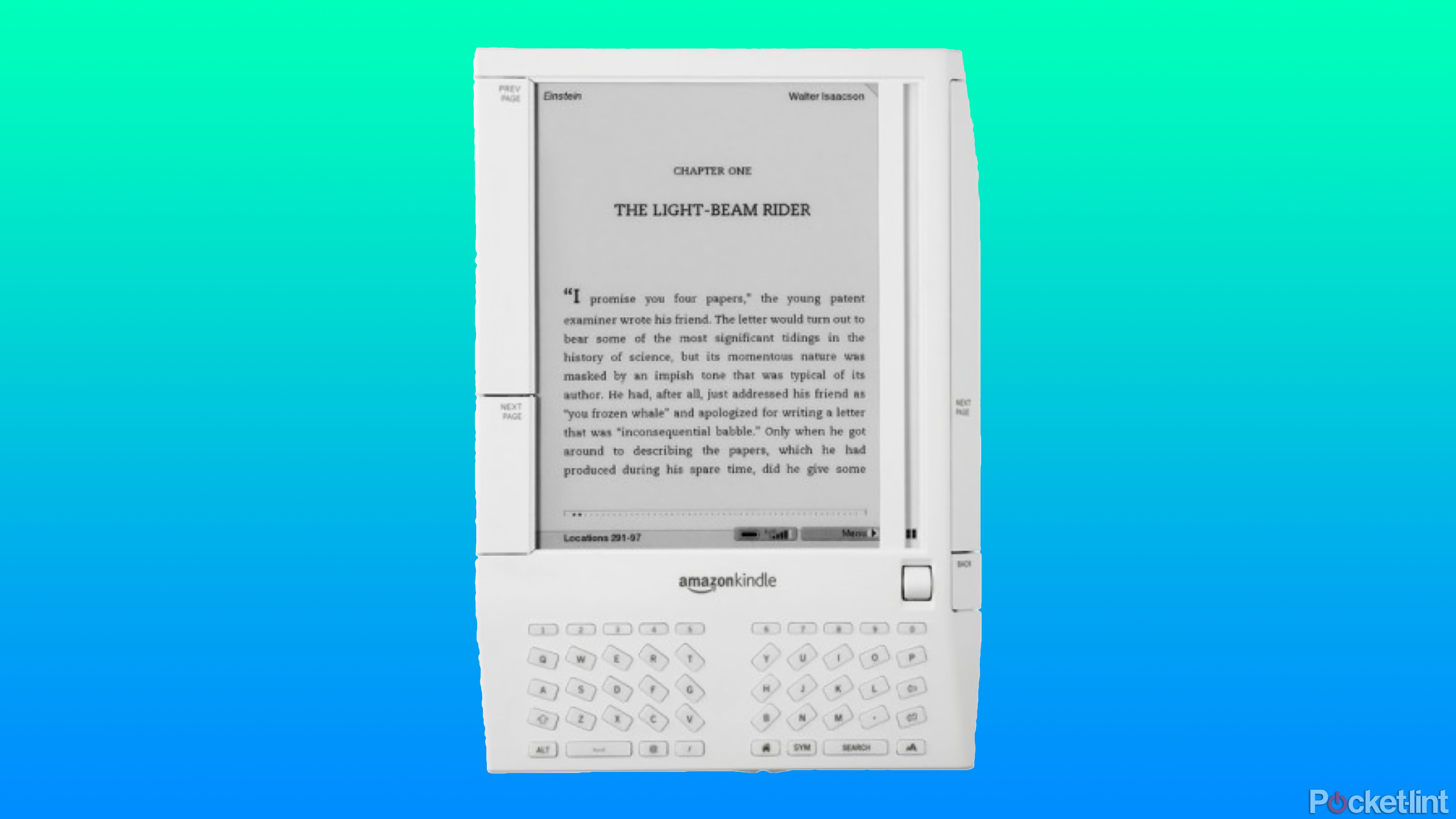 A first-generation Kindle on a gradient background.