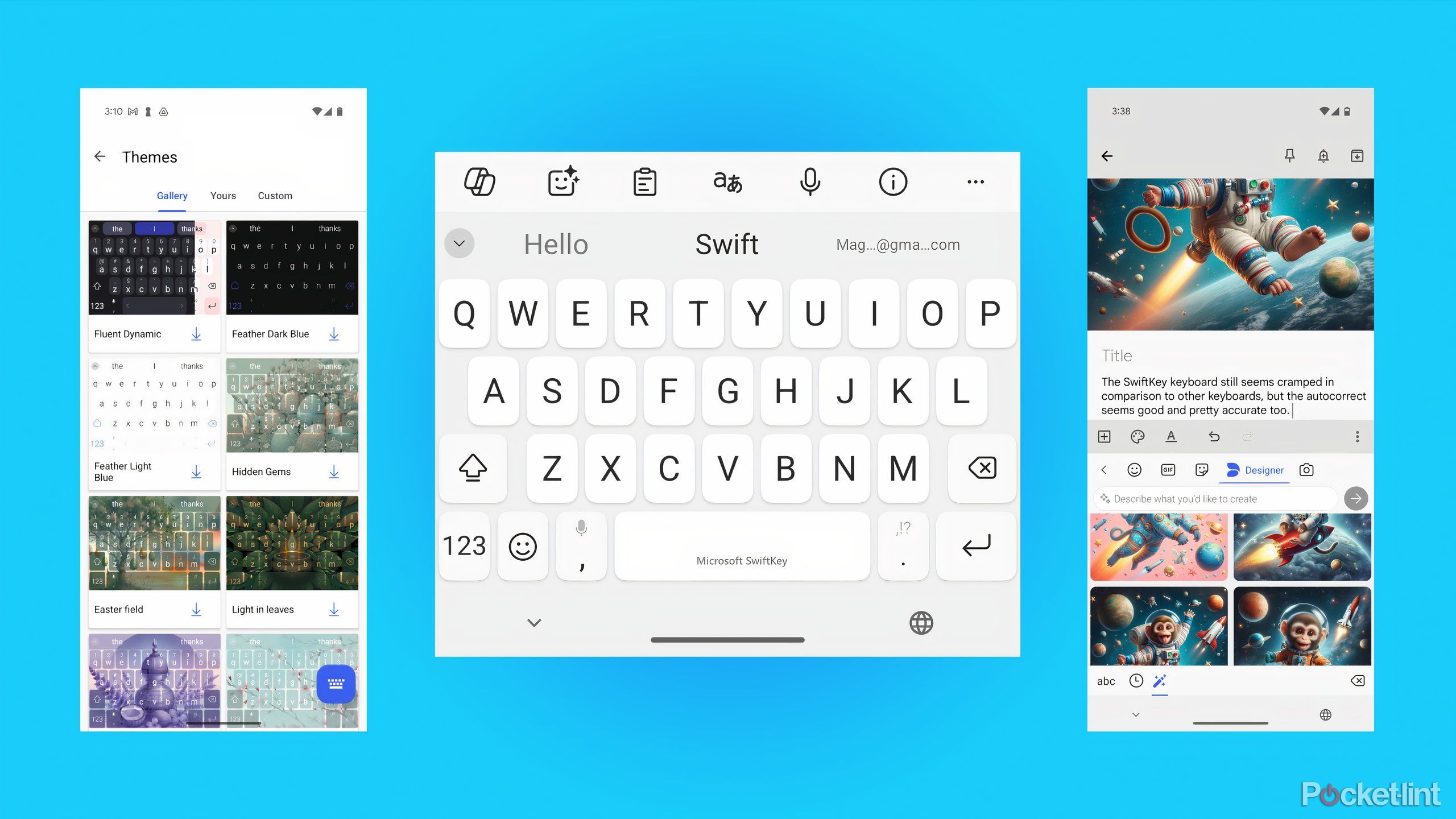 Three screenshots of the SwiftKey keyboard showing theme options, the keyboard itself, and the Designer image generation feature.