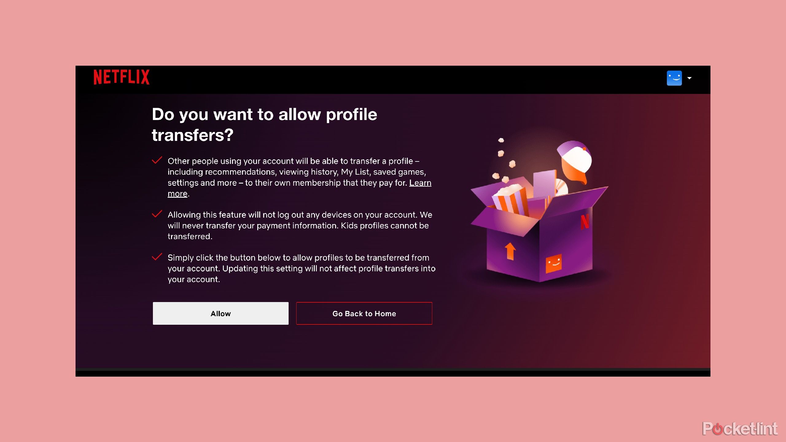 Transfer profile screen on Netflix