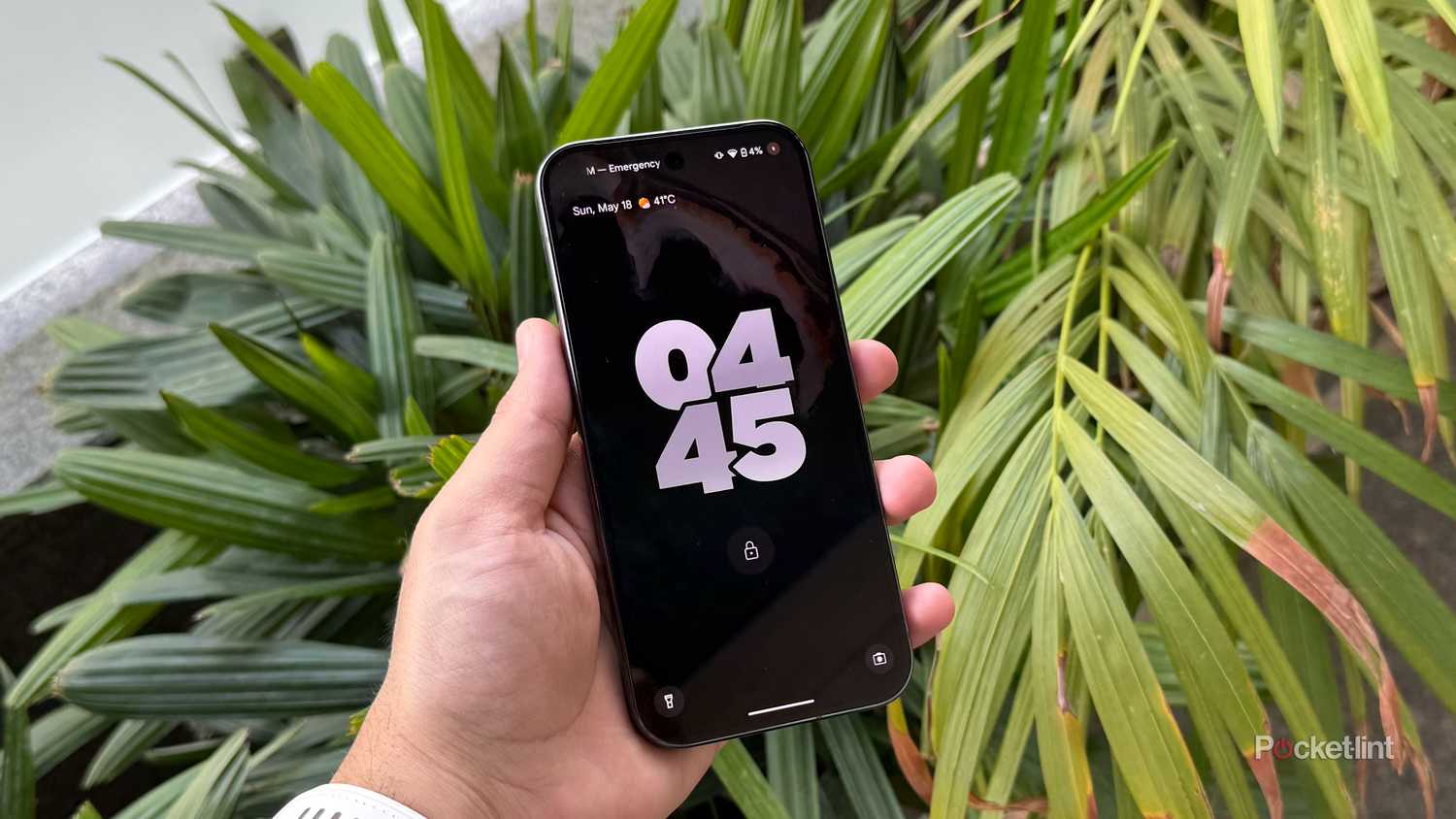 A Pixel 9 Pro with Battery Saver enabled, in front of green leaves.