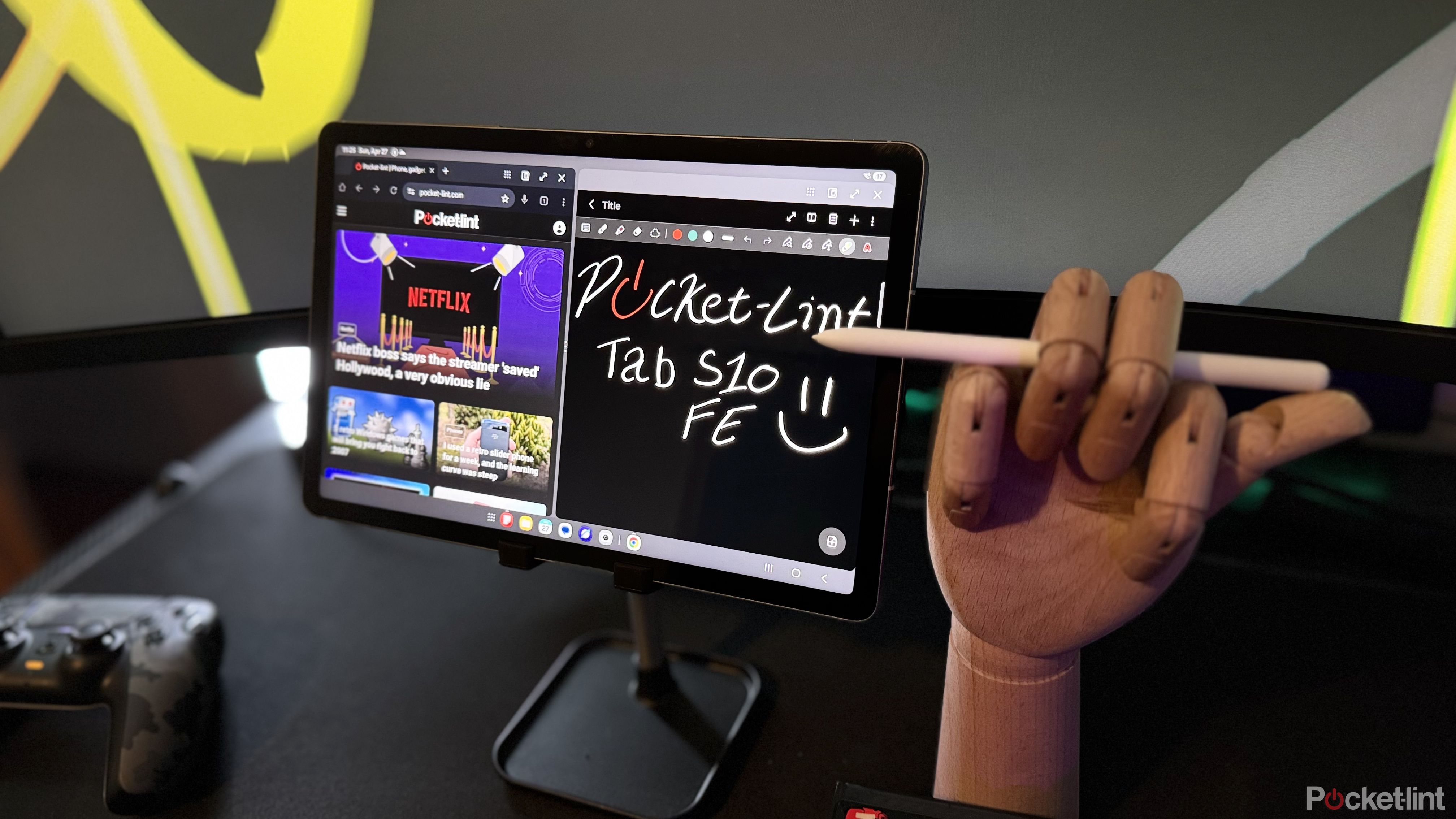    An image of the Samsung Galaxy Tab S10 FE with the text "Pocket-Lint, Tab S10 FE" on the screen.