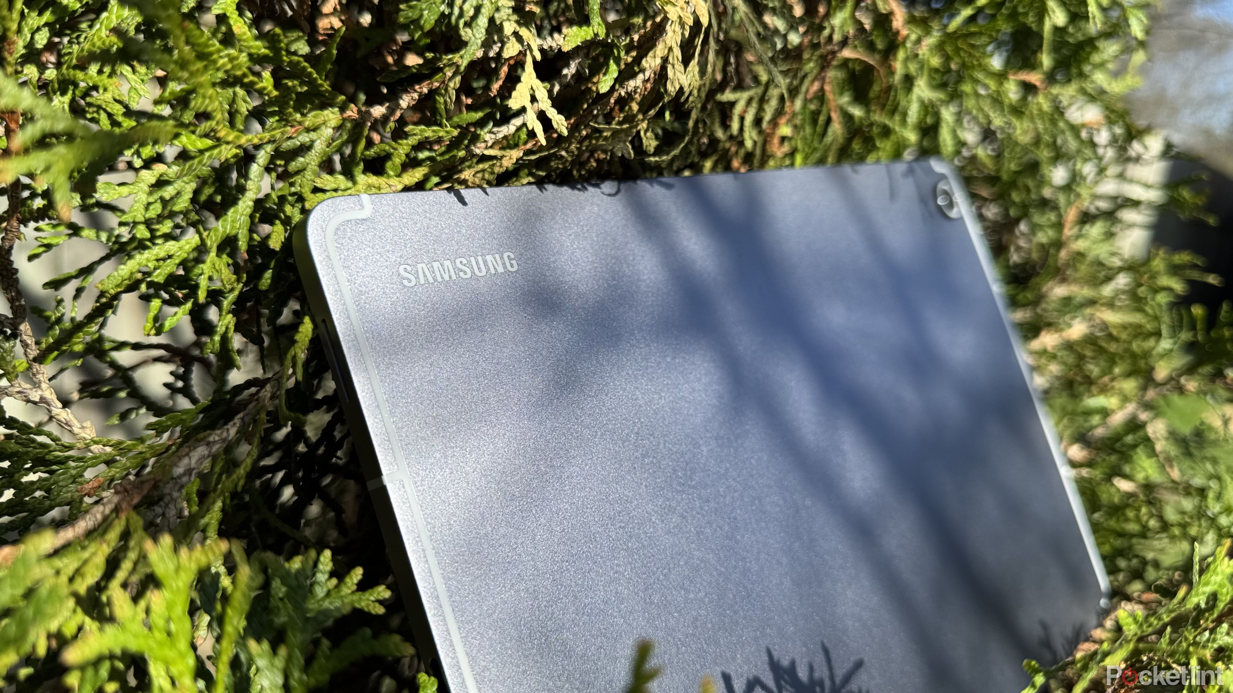 The Samsung Galaxy Tab S10 FE resting on a bush.