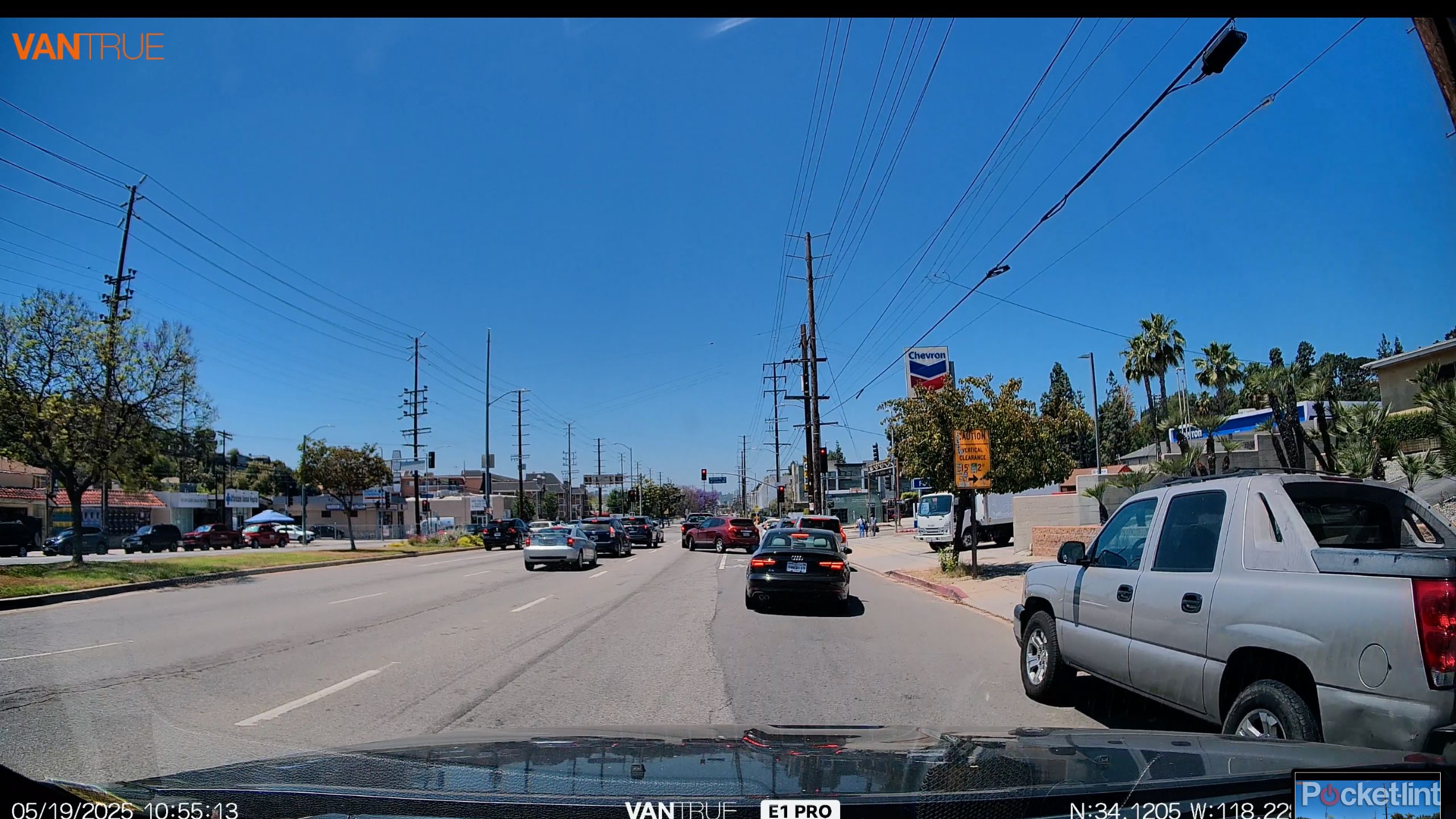 A photograph of a dashcam recording from the Vantrue Element 1 Pro.