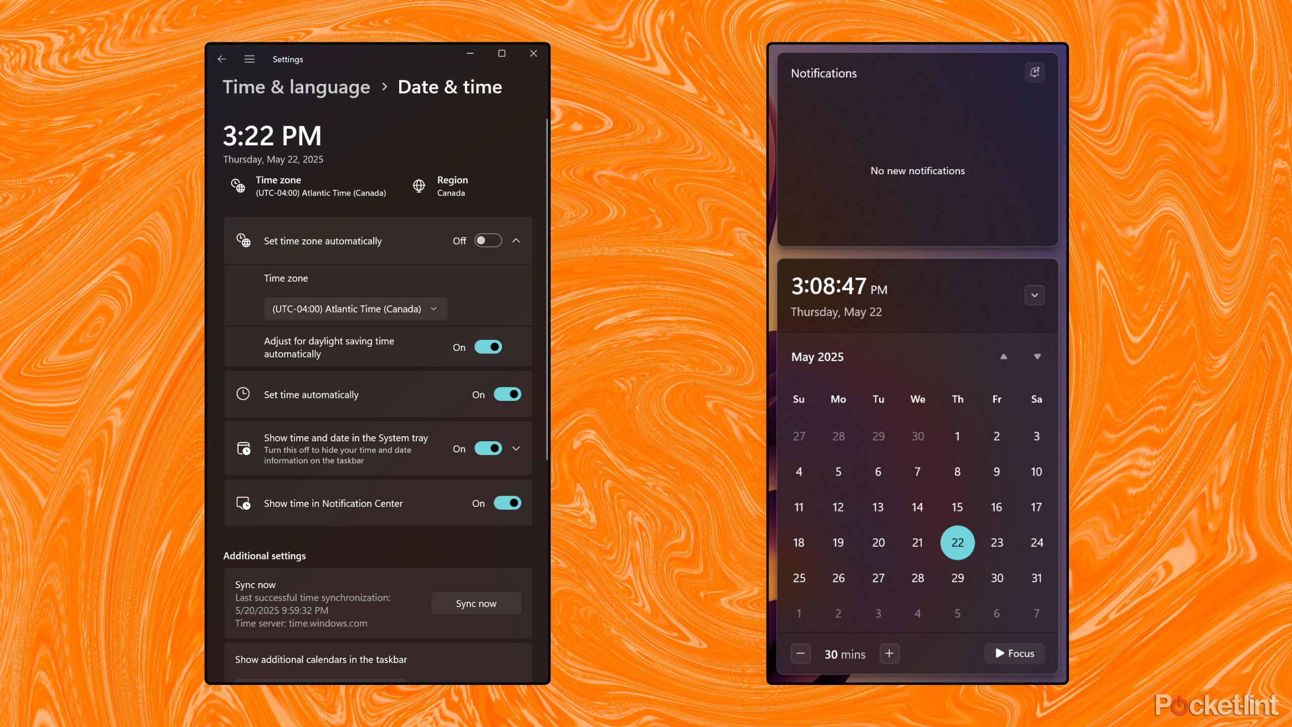 Windows 11 show time in notification center