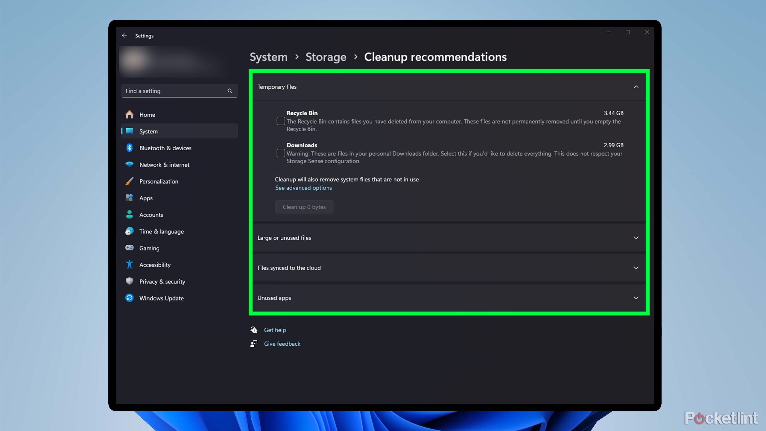 Windows 11 storage cleanup recommendations.