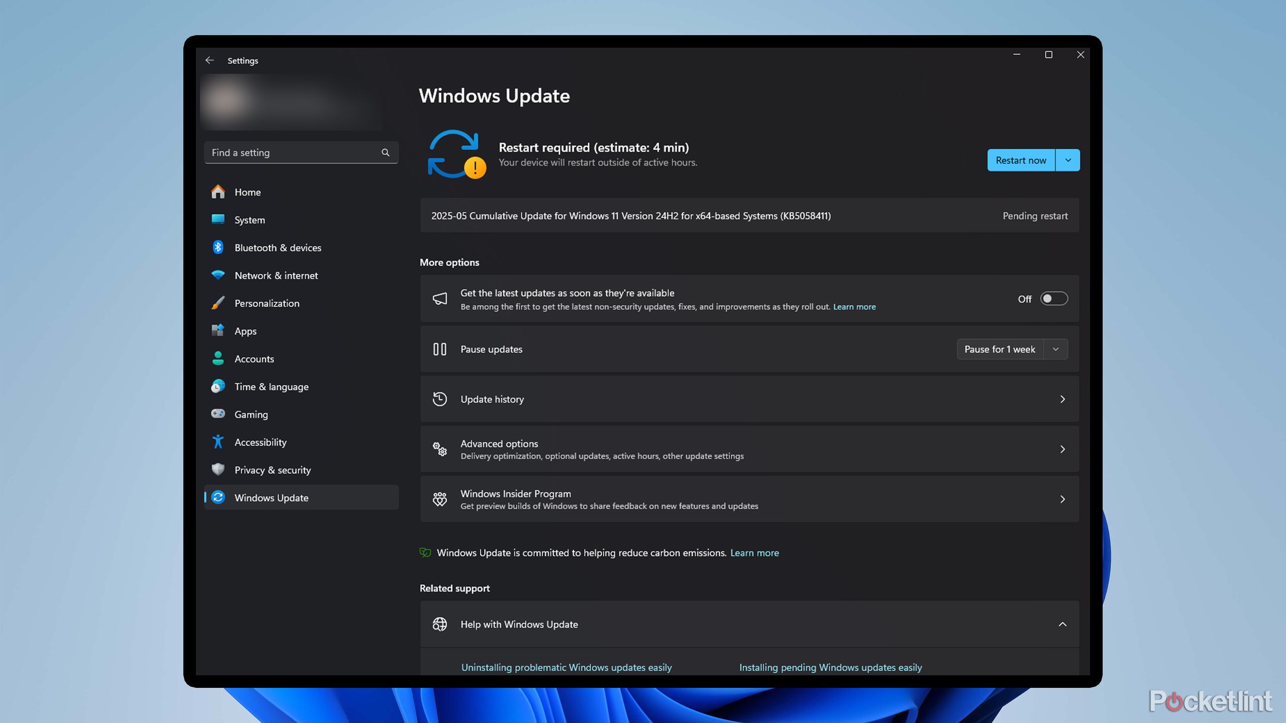 Windows 11 update menu.